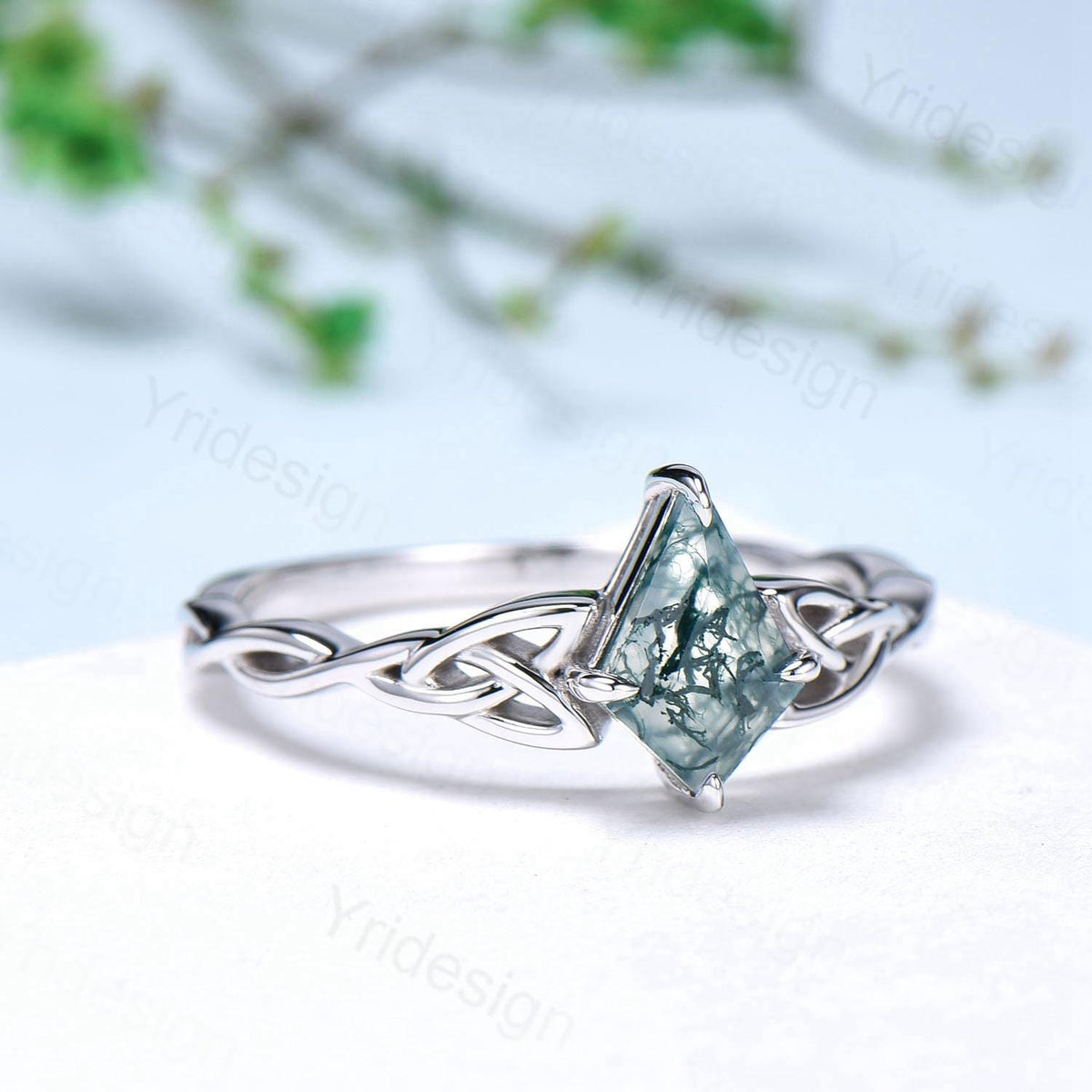 Norse Viking Kite Cut Moss Agate Engagement Ring Set Celtic Love Knot Moonstone Wedding Band Vintage Unique Twisted Green Crystal Bridal Set