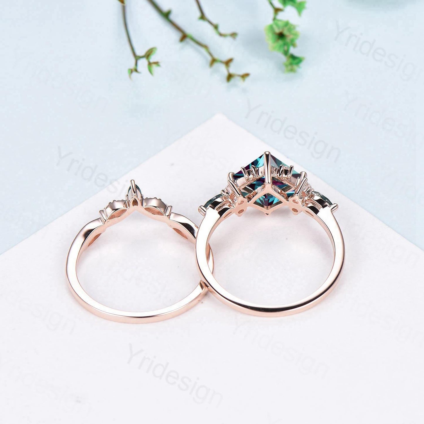 Unique 2CT Princess Cut Alexandrite Engagement Ring Cluster Nature Marquise Moonstone June Birthstone Ring Set 2pcs 14K Rose Gold Bridal Set