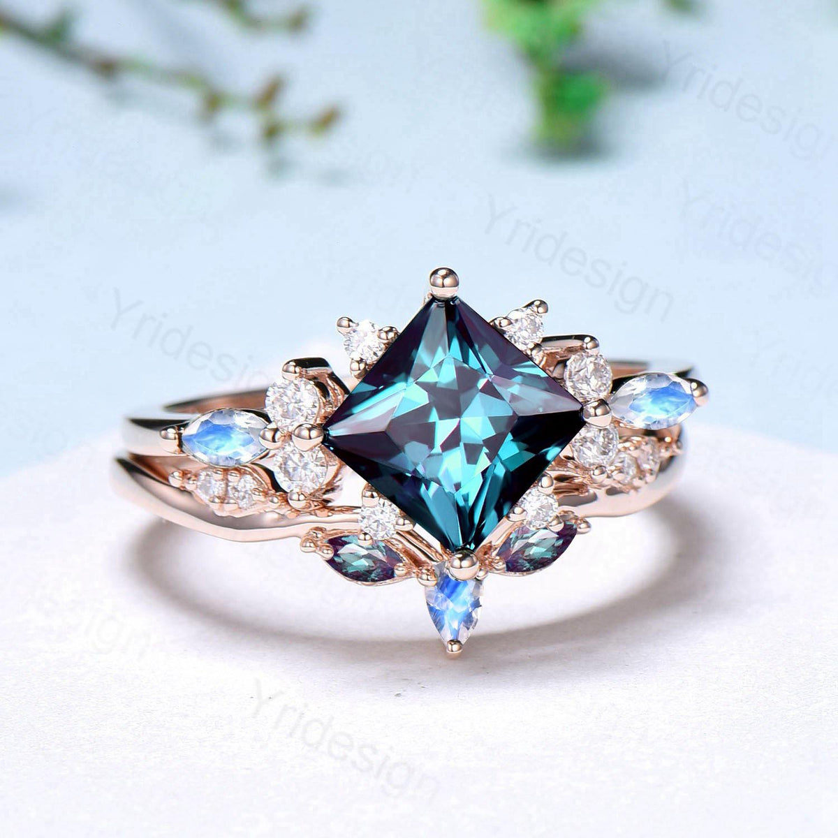 Unique 2CT Princess Cut Alexandrite Engagement Ring Cluster Nature Marquise Moonstone June Birthstone Ring Set 2pcs 14K Rose Gold Bridal Set