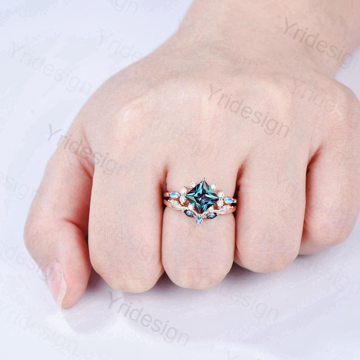 Unique 2CT Princess Cut Alexandrite Engagement Ring Cluster Nature Marquise Moonstone June Birthstone Ring Set 2pcs 14K Rose Gold Bridal Set
