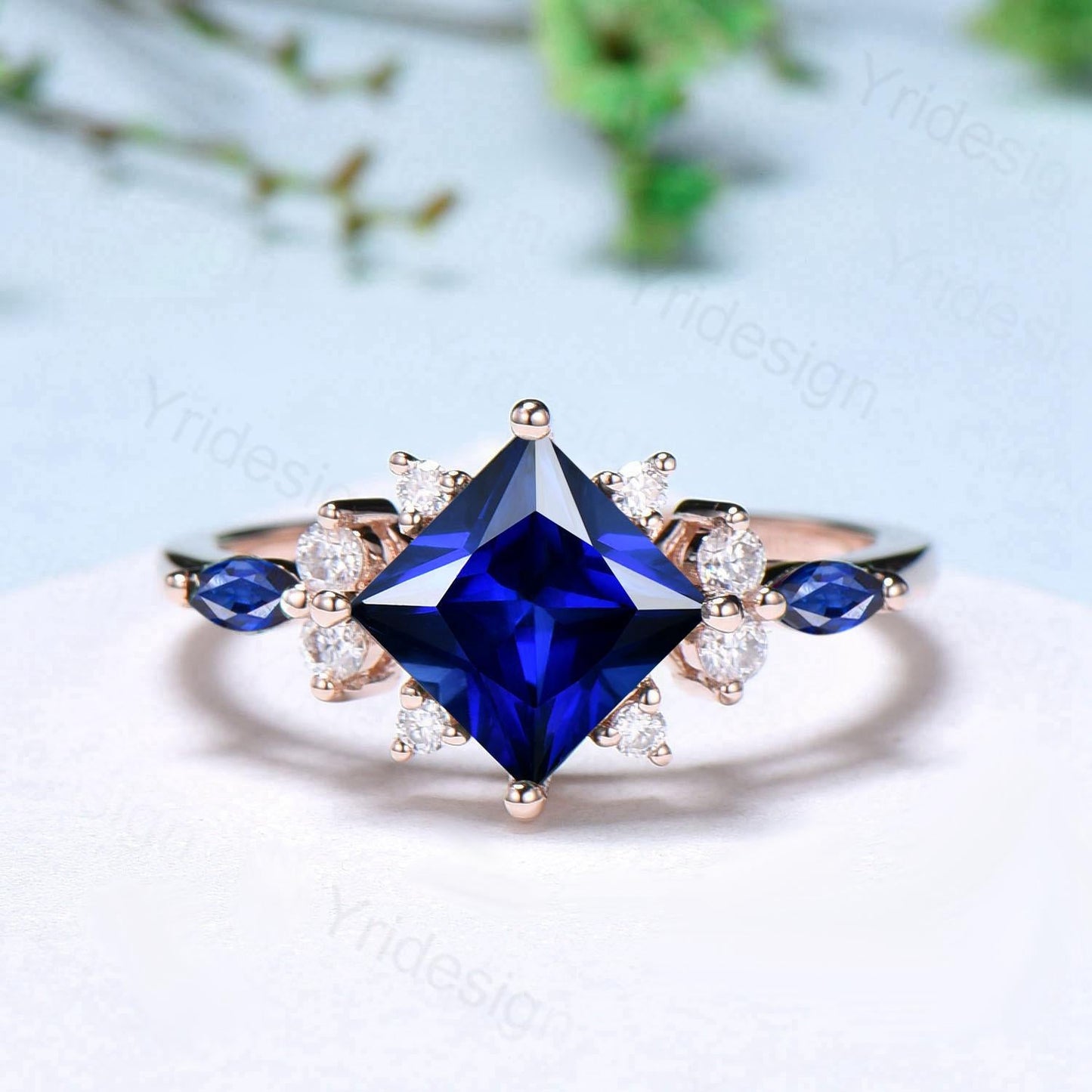 Vintage 2CT Princess Cut Sapphire Engagement Ring Cluster Nature Marquise Blue Gemstone Ring Set 2pcs Sapphire Bridal Ring 14K Rose Gold Set
