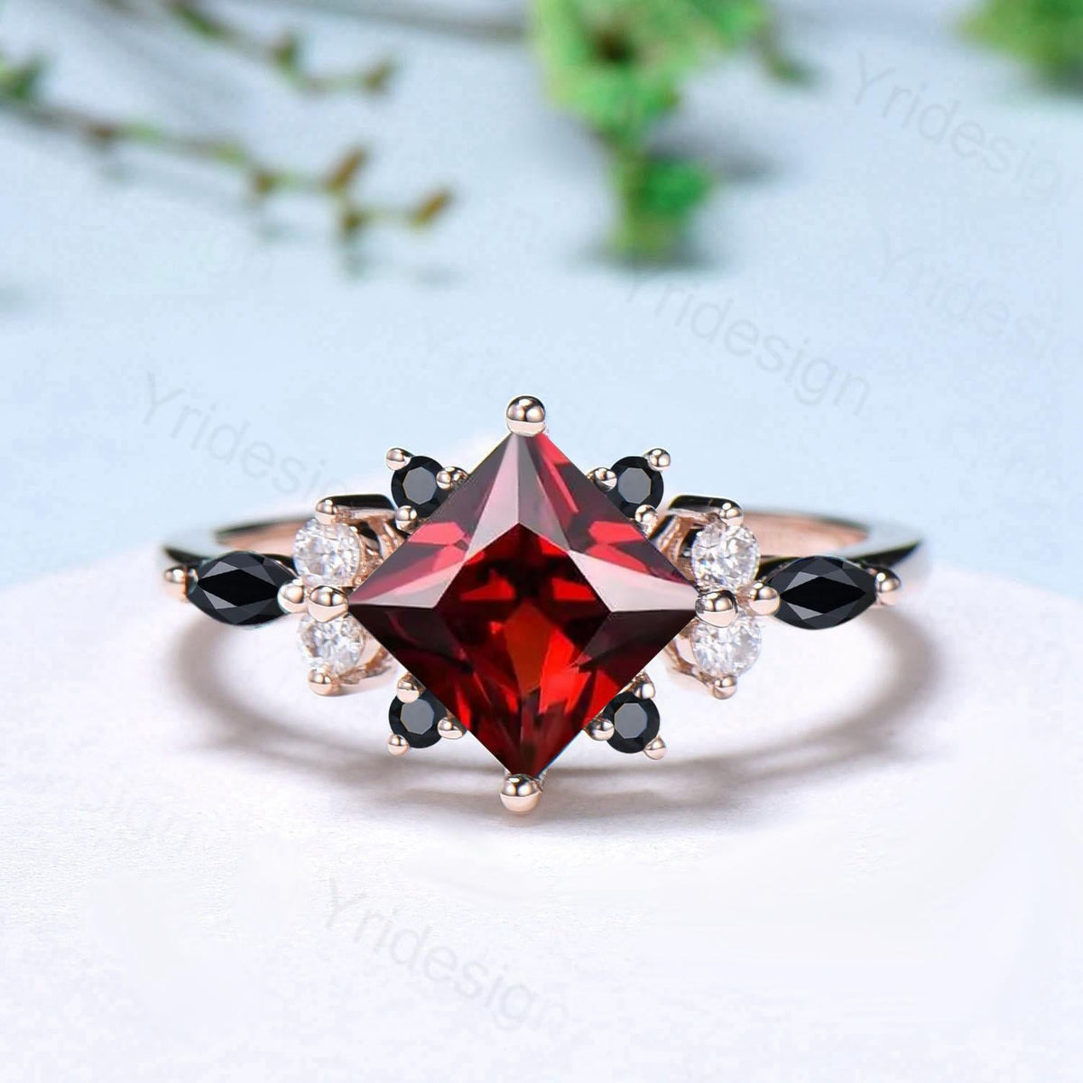 Vintage 2CT Princess Cut Garnet Engagement Ring Set Cluster Black Spinel Wedding Ring Set 2pcs Bridal Ring 14K Rose Gold Anniversary Gift