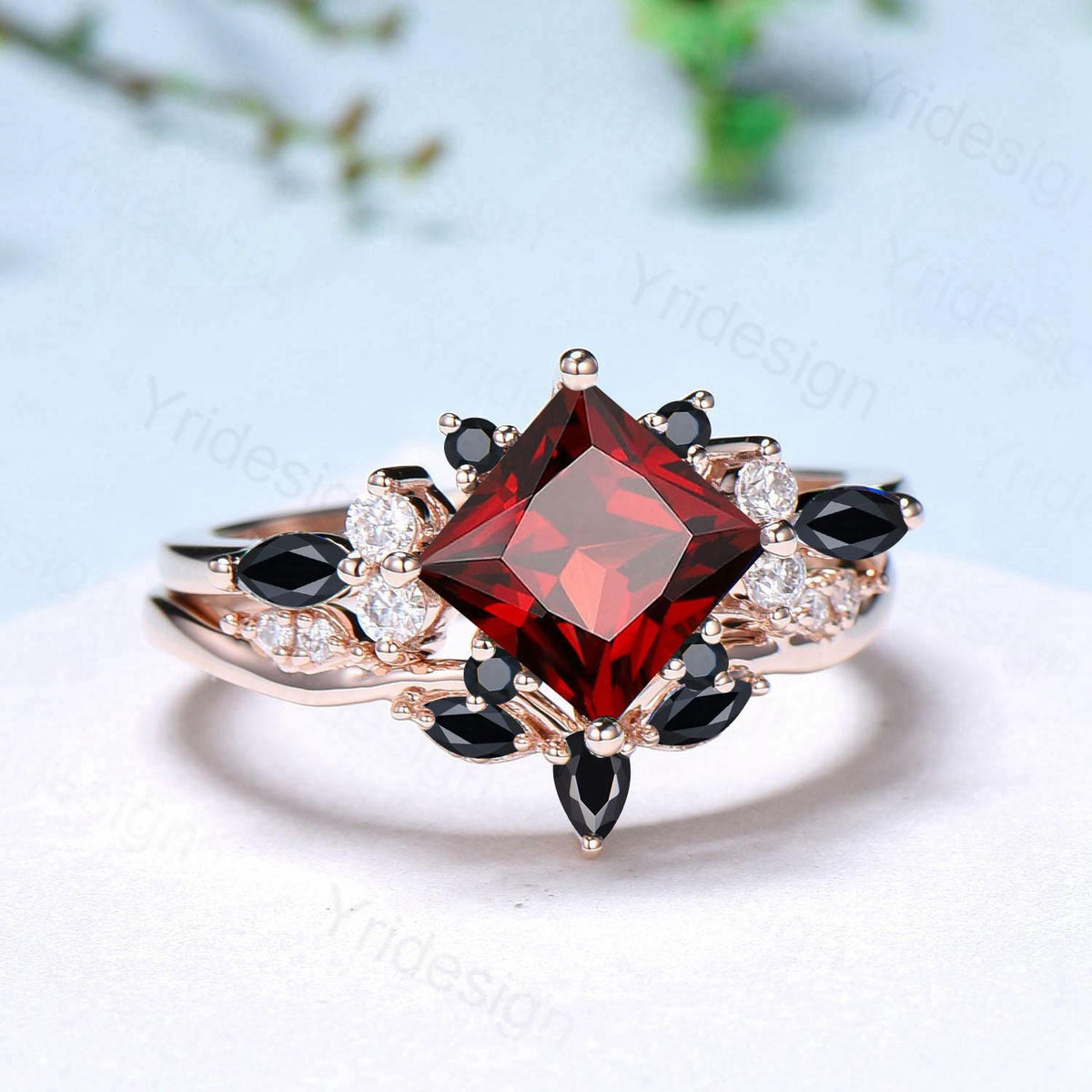 Vintage 2CT Princess Cut Garnet Engagement Ring Set Cluster Black Spinel Wedding Ring Set 2pcs Bridal Ring 14K Rose Gold Anniversary Gift
