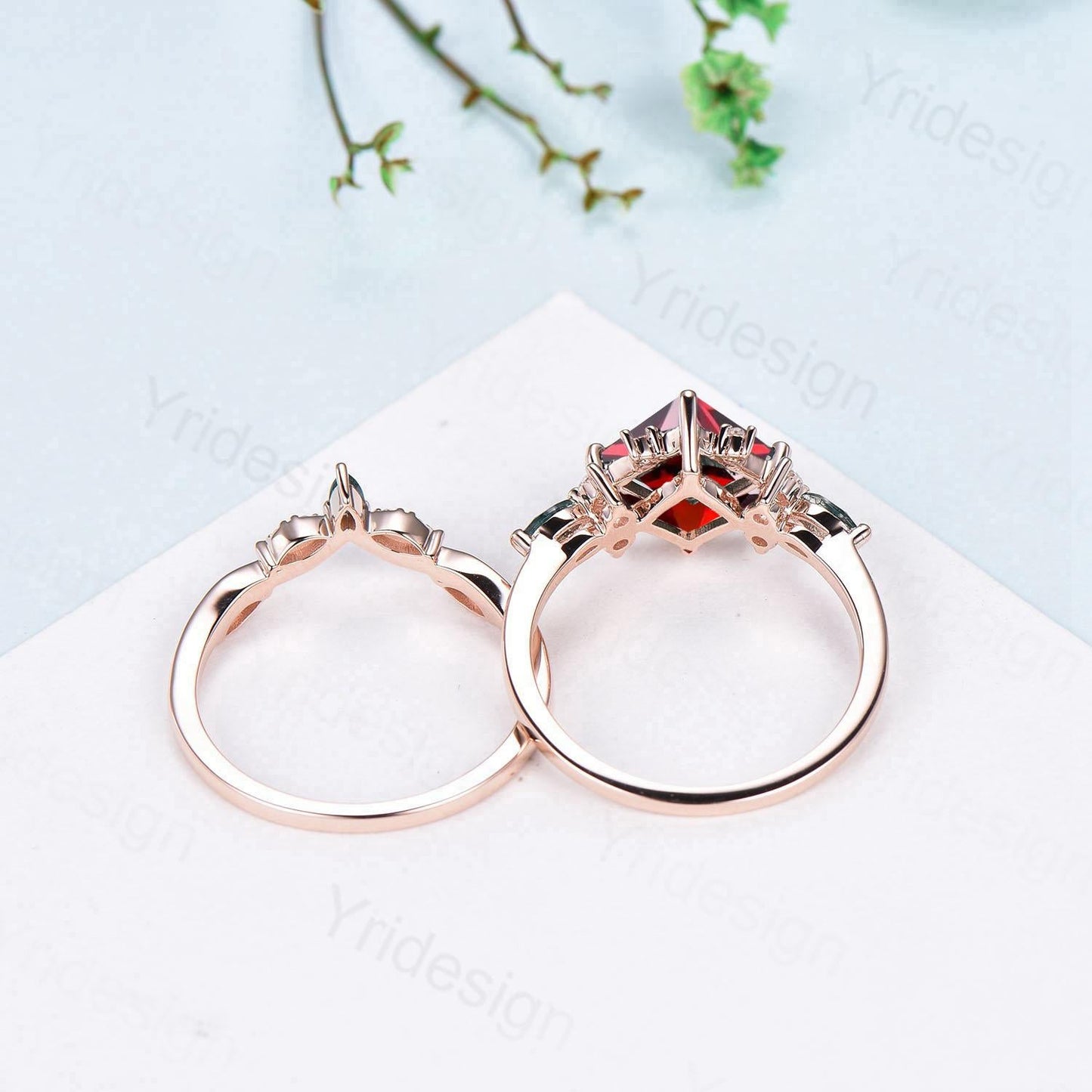 Vintage 2CT Princess Cut Garnet Engagement Ring Set Cluster Black Spinel Wedding Ring Set 2pcs Bridal Ring 14K Rose Gold Anniversary Gift