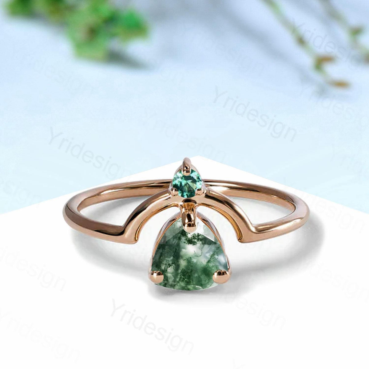 Unique trillion natural green moss agate engagement ring Nestled agate emerald wedding ring art deco curved infinity band anniversary gift