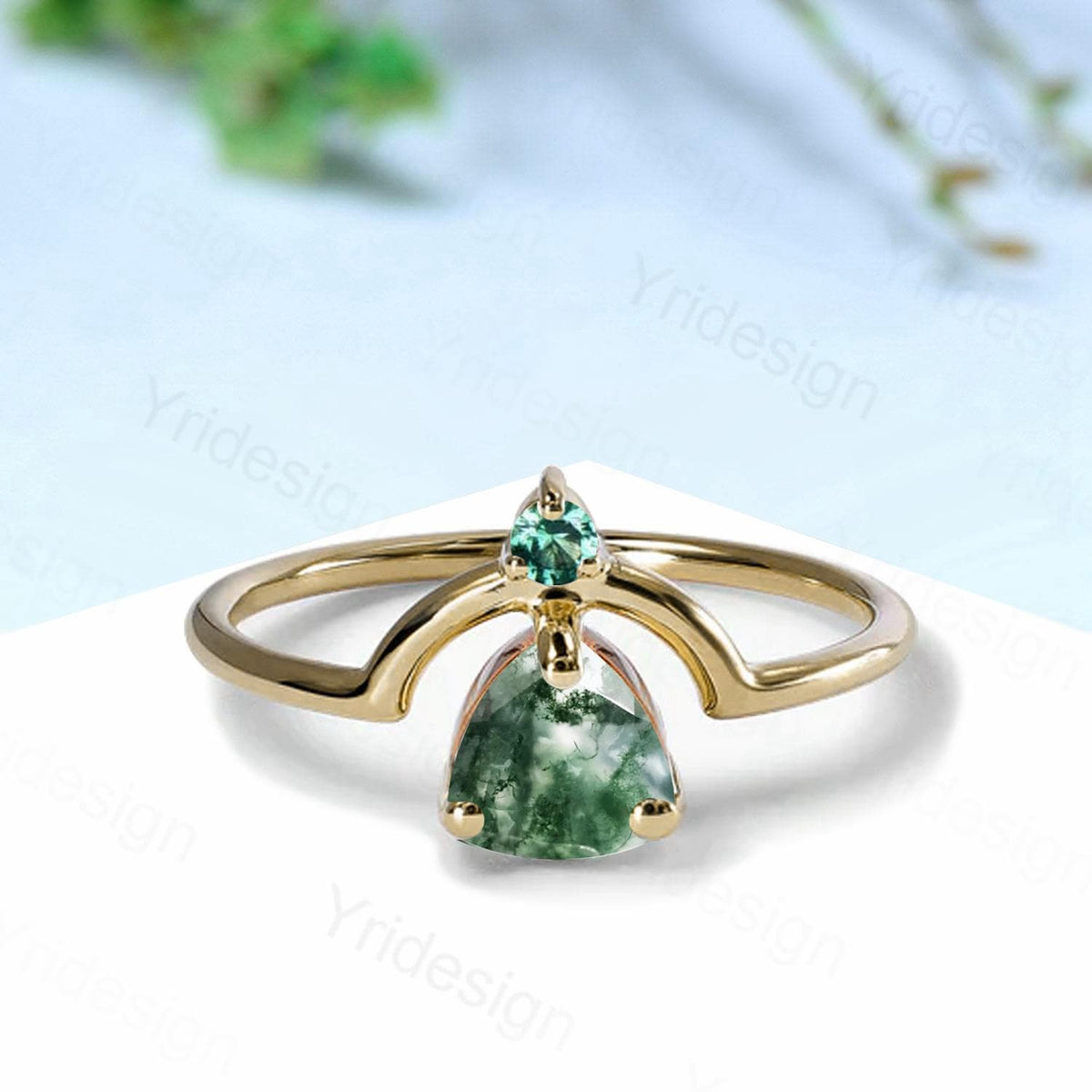 Unique trillion natural green moss agate engagement ring Nestled agate emerald wedding ring art deco curved infinity band anniversary gift
