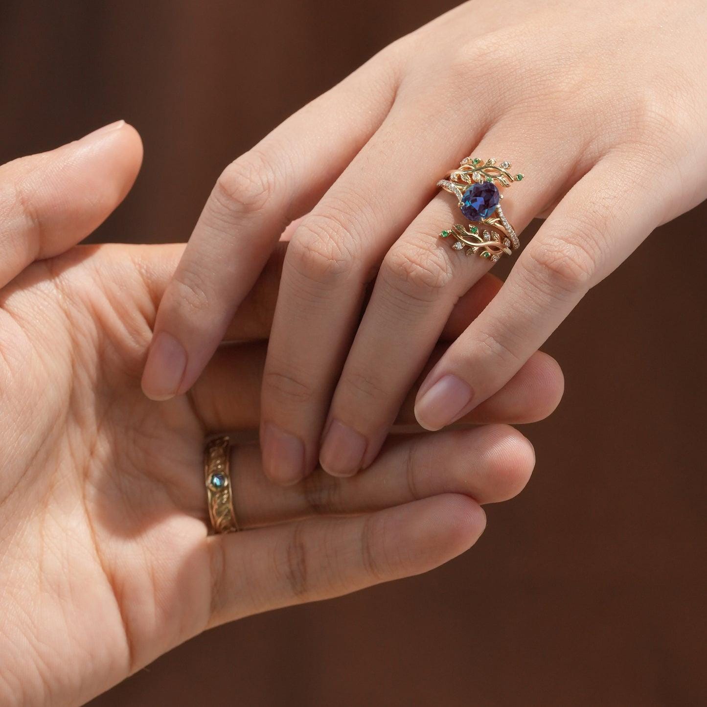 Nature inspired Couples ring set Unique alexandrite leaf vine wedding set twig cross ring men and women His Hers engagement Promise gift