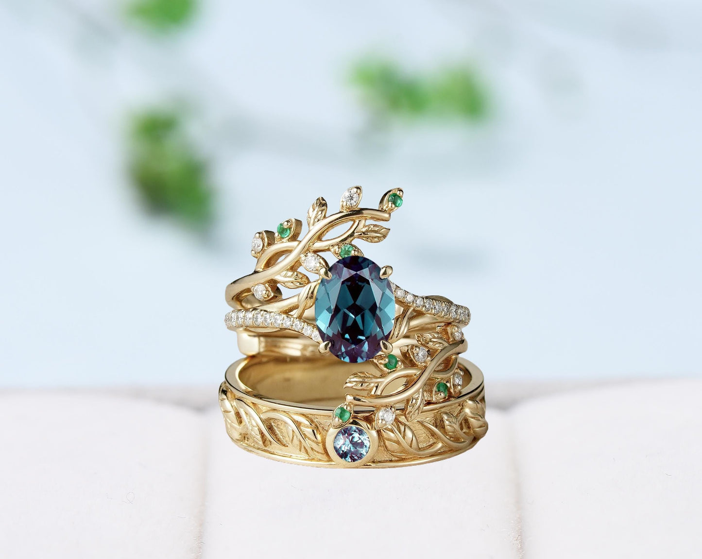 Nature inspired Couples ring set Unique alexandrite leaf vine wedding set twig cross ring men and women His Hers engagement Promise gift