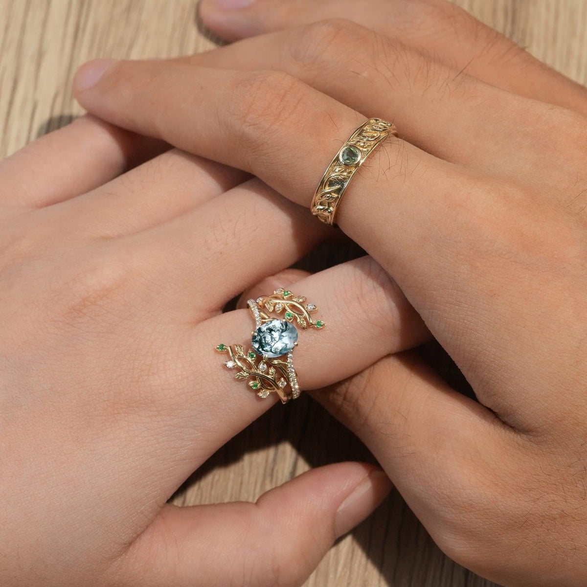 Nature inspired Moss Agate Couples ring set Unique leaf vine green agate wedding set twig cross men and women His Hers engagement ring gift
