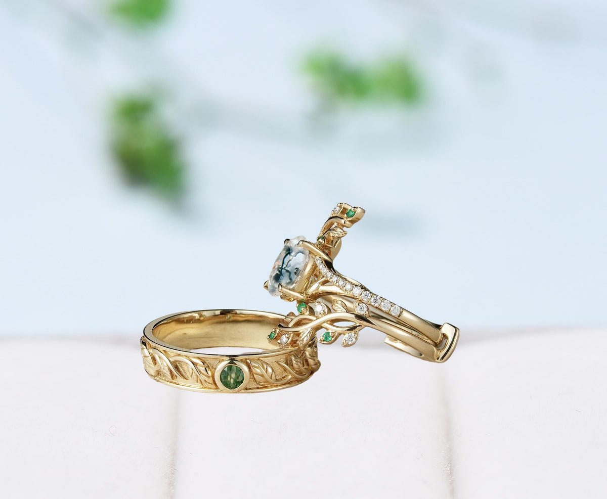 Nature inspired Moss Agate Couples ring set Unique leaf vine green agate wedding set twig cross men and women His Hers engagement ring gift