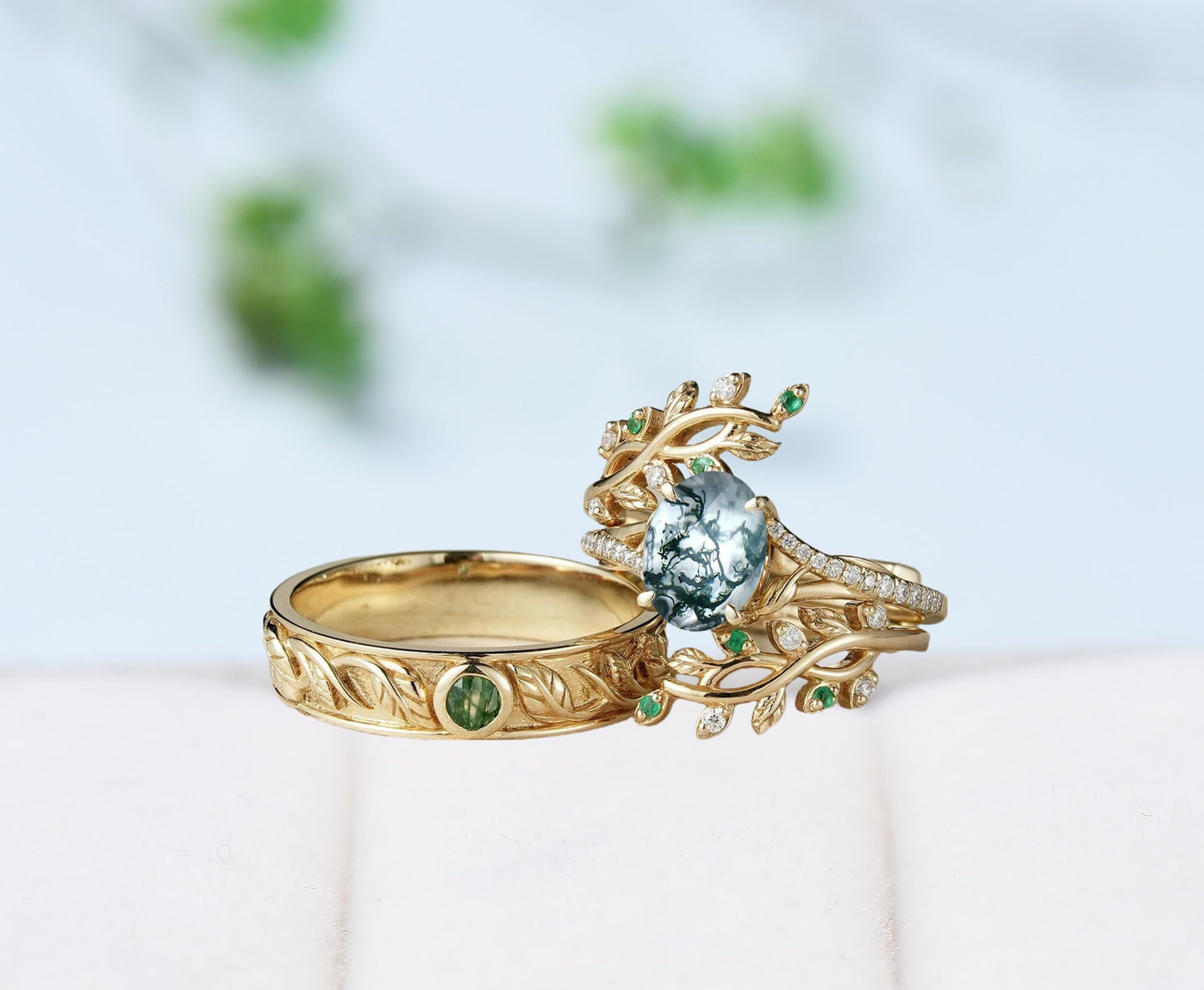 Nature inspired Moss Agate Couples ring set Unique leaf vine green agate wedding set twig cross men and women His Hers engagement ring gift