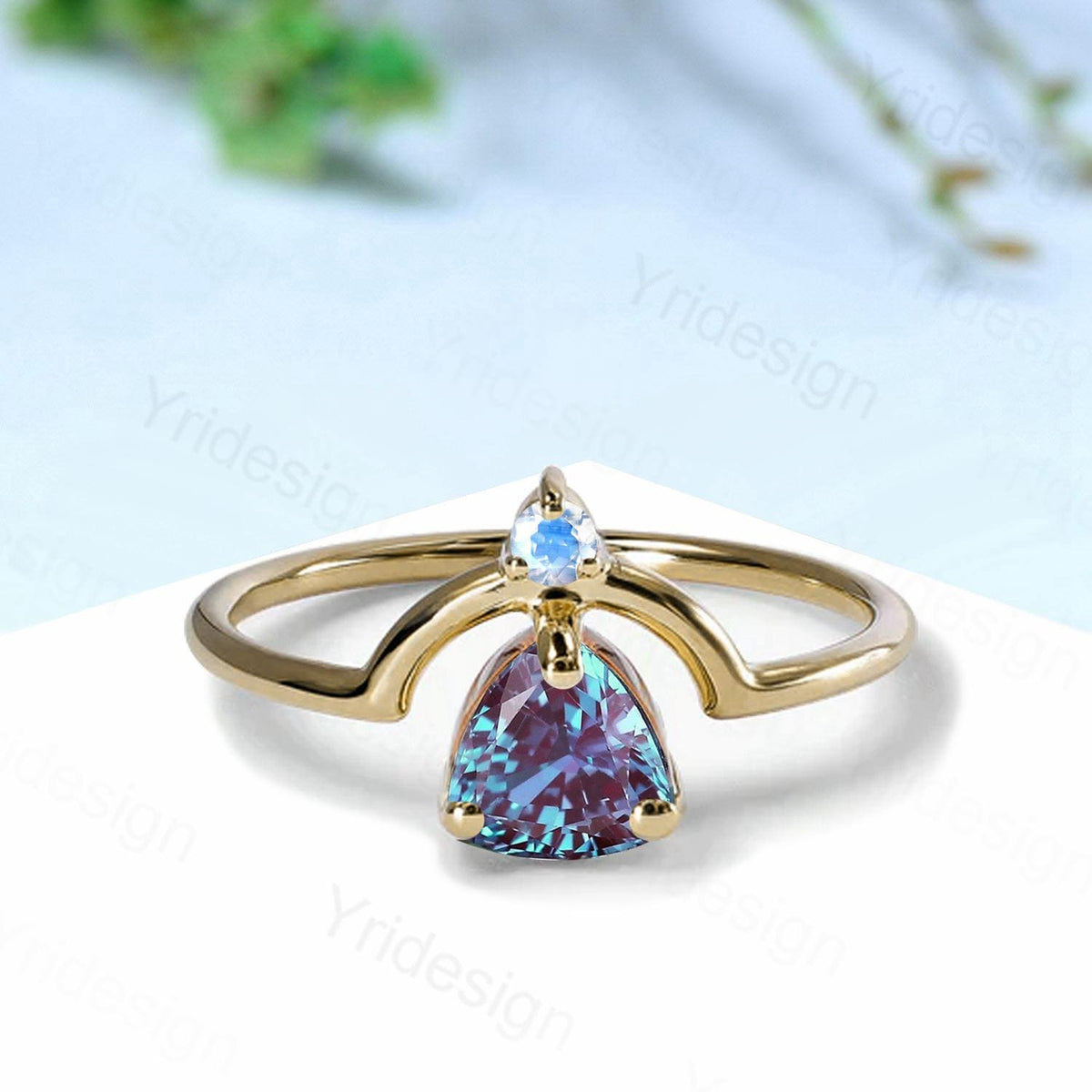 Unique trillion alexandrite engagement ring Nestled color change wedding ring art deco curved infinity moonstone band anniversary gift
