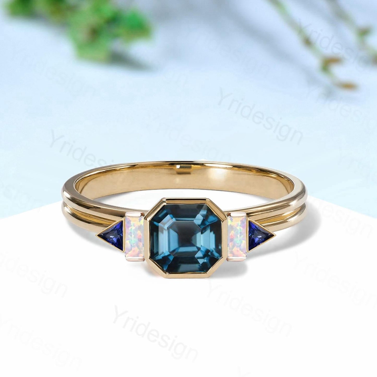 Unique Asscher cut Alexandrite Ring Unique split shank Color Change Engagement Ring Cluster Baguette Opal sapphire Wedding Ring gift for her