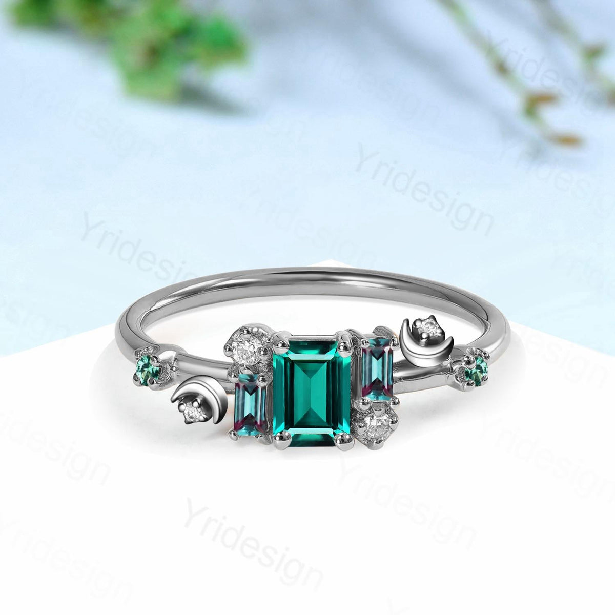 Unique Emerald Cut Emerald Engagement Ring Cluster Baguette Alexandrite Wedding Ring Vintage Moon May Birthstone Anniversary Ring for Women