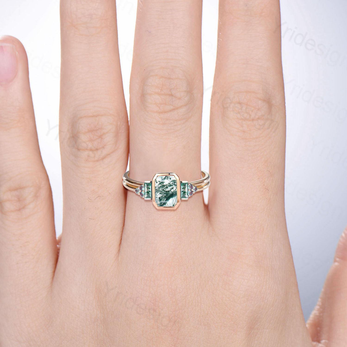 Unique Bezel Set Emerald Cut Green Moss Agate Engagement Ring Split Shank Cluster Alexandrite Wedding Ring Rose Gold Anniversary Gift Women
