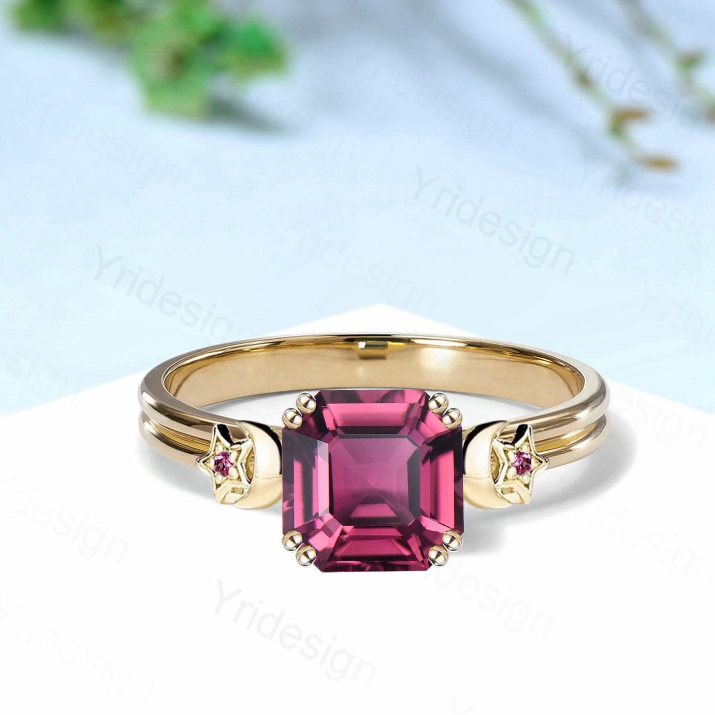 Unique Moon Star Asscher Pink Tourmaline Ring Vintage Split Shank Pink Stone Engagement Ring Art Deco Wedding Ring 8 Prongs Anniversary Gift