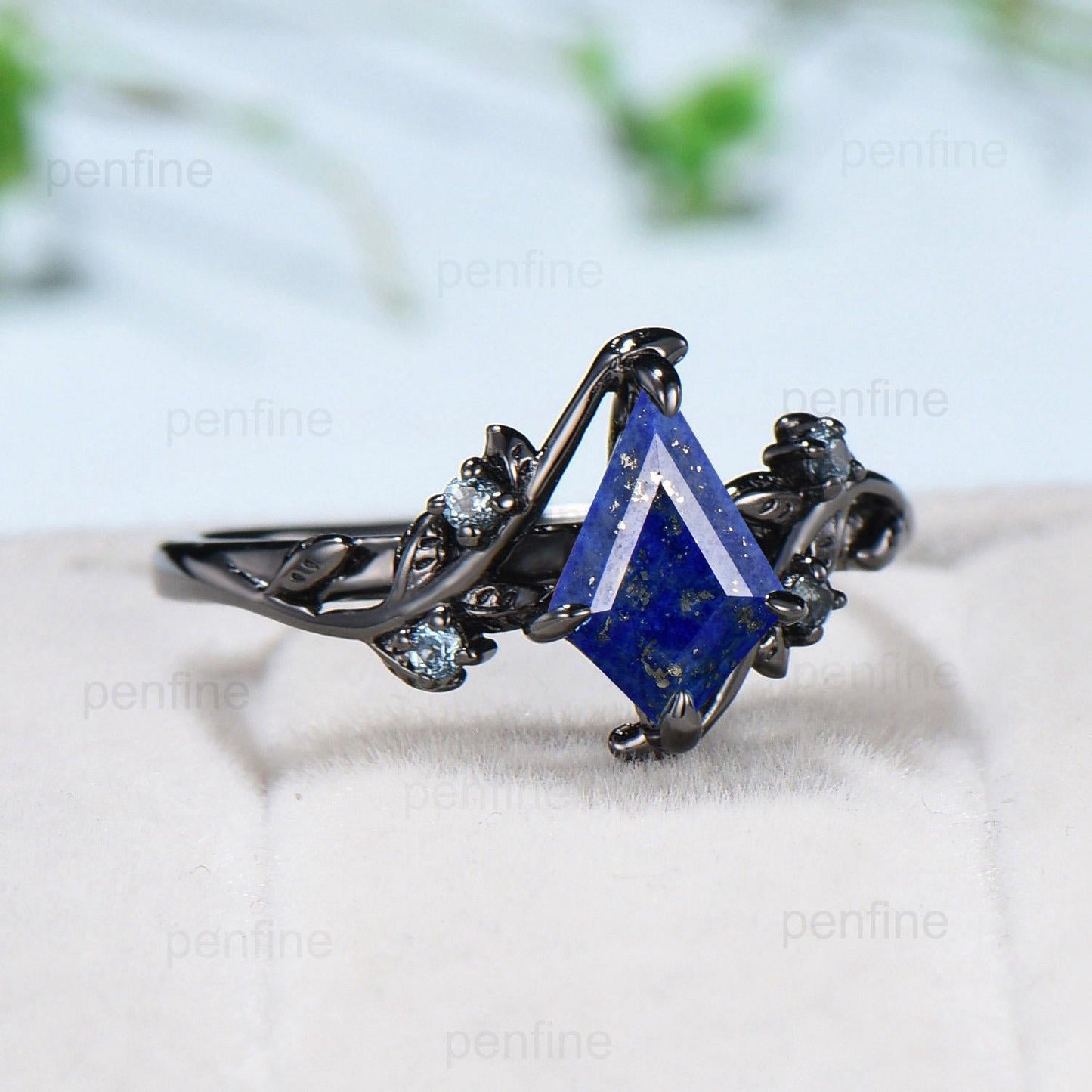 Unique Black Gold Lapis Lazuli Engagement Ring Kite cut Natural Inspired Leaf vine Cluster Alexandrite ring branch Anniversary Promise Gift
