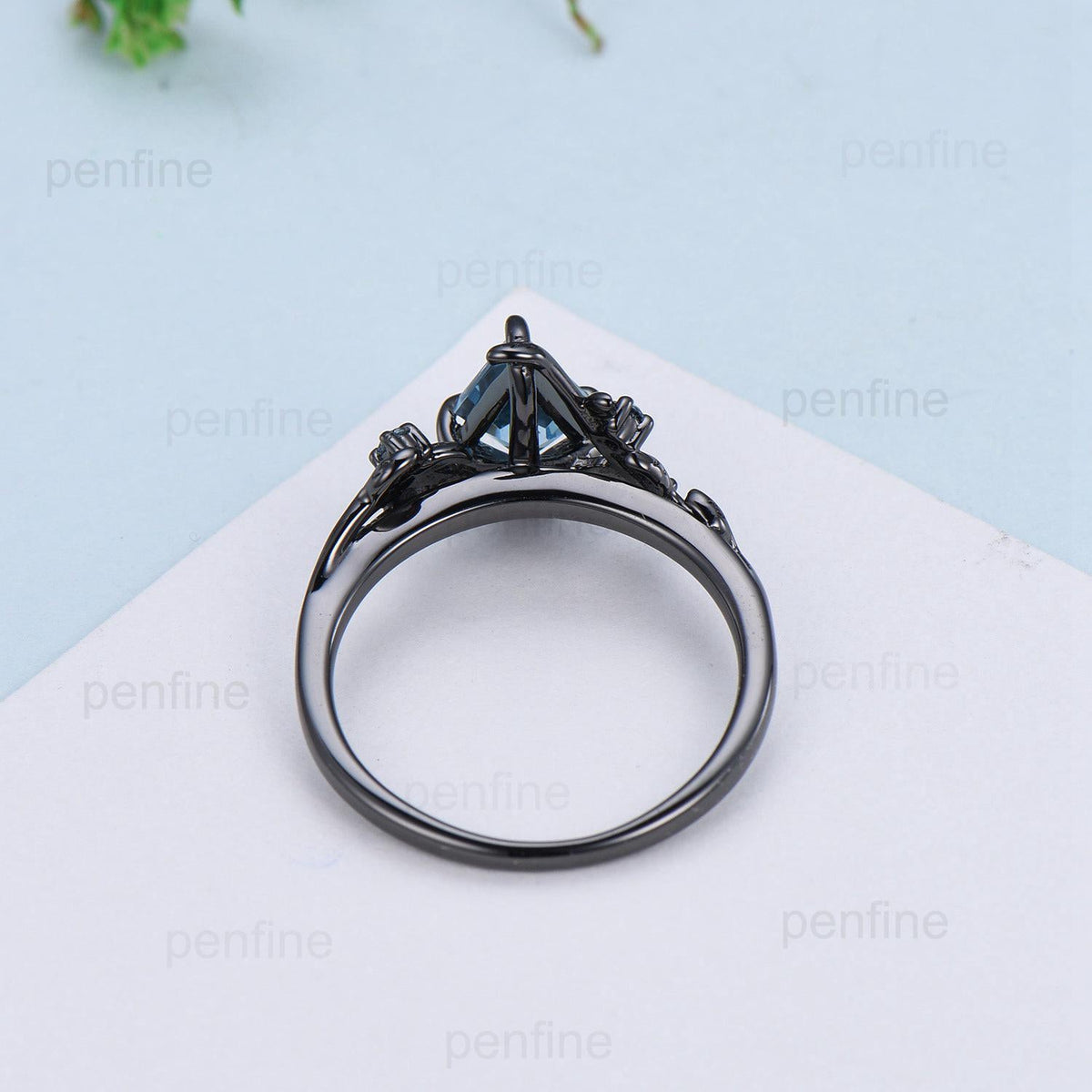 Unique Black Gold Lapis Lazuli Engagement Ring Kite cut Natural Inspired Leaf vine Cluster Alexandrite ring branch Anniversary Promise Gift