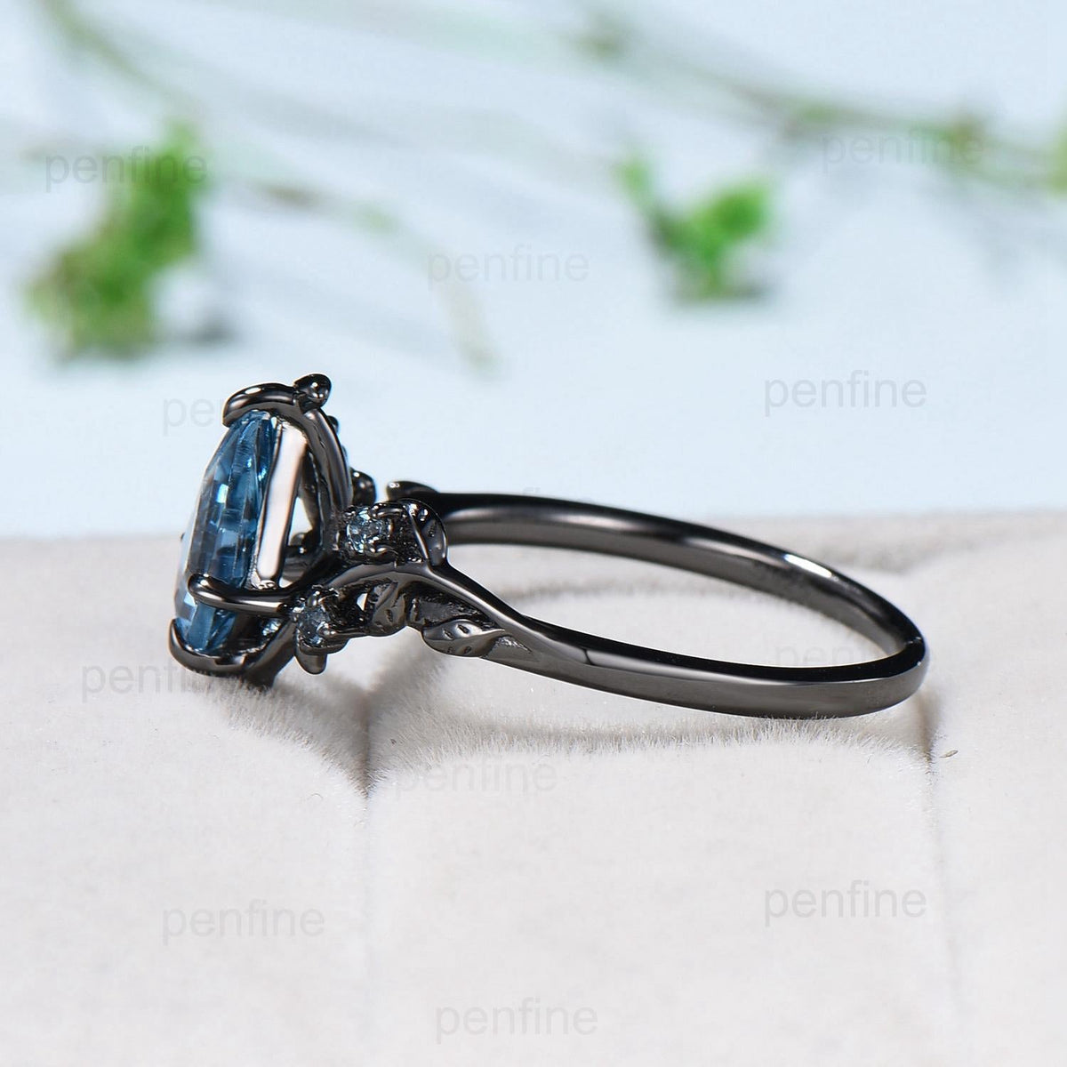 Unique Black Gold Lapis Lazuli Engagement Ring Kite cut Natural Inspired Leaf vine Cluster Alexandrite ring branch Anniversary Promise Gift