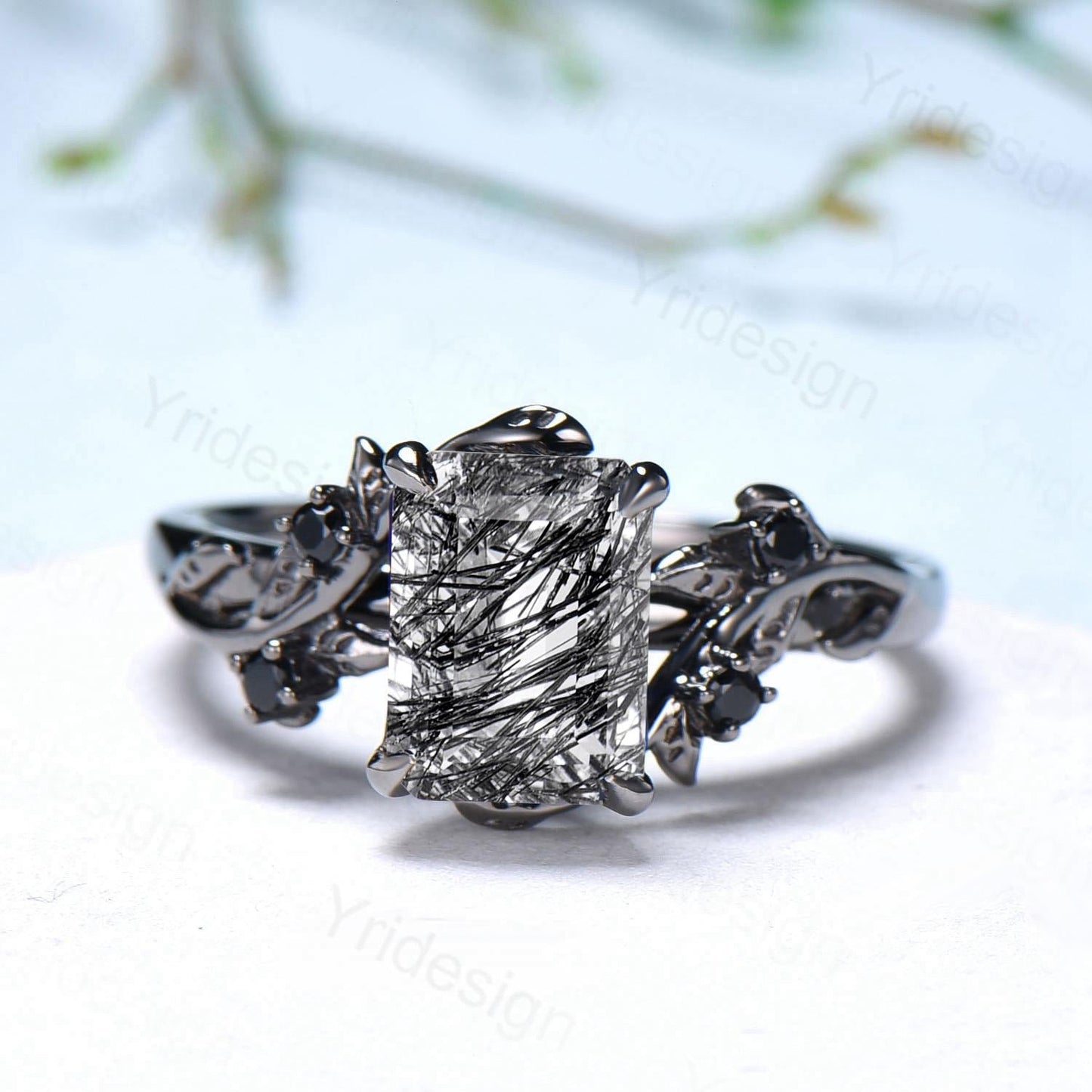 Nature Inspired black gold rutilated quartz engagement ring emerald cut twig vine elegant black rutilated ring cluster spinel promise gift