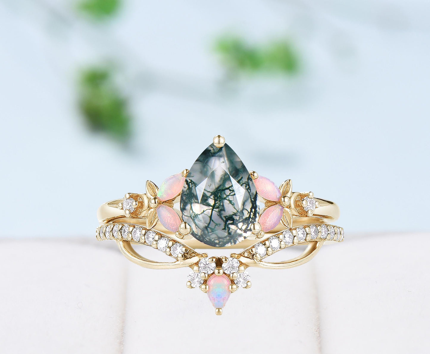 Unique Pear Shaped Green Moss Agate Engagement Ring Set Natural inspired Marquise Opal Wedding Set Infinity Stacking Band 2pcs bridal set
