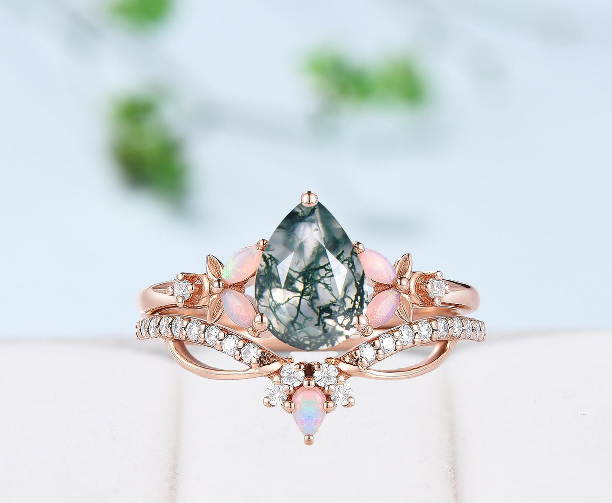 Unique Pear Shaped Green Moss Agate Engagement Ring Set Natural inspired Marquise Opal Wedding Set Infinity Stacking Band 2pcs bridal set