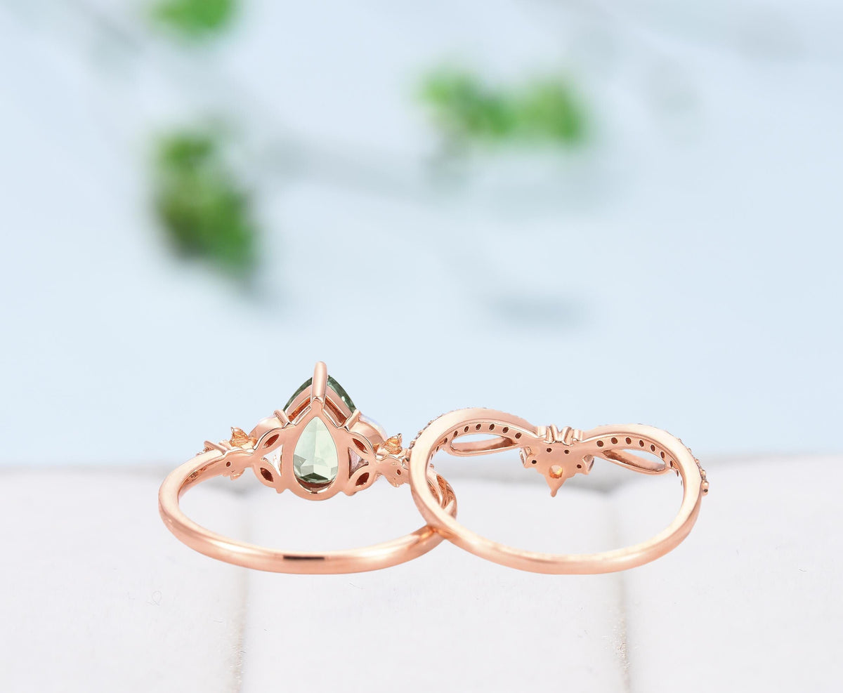 Unique Pear Shaped Green Moss Agate Engagement Ring Set Natural inspired Marquise Opal Wedding Set Infinity Stacking Band 2pcs bridal set