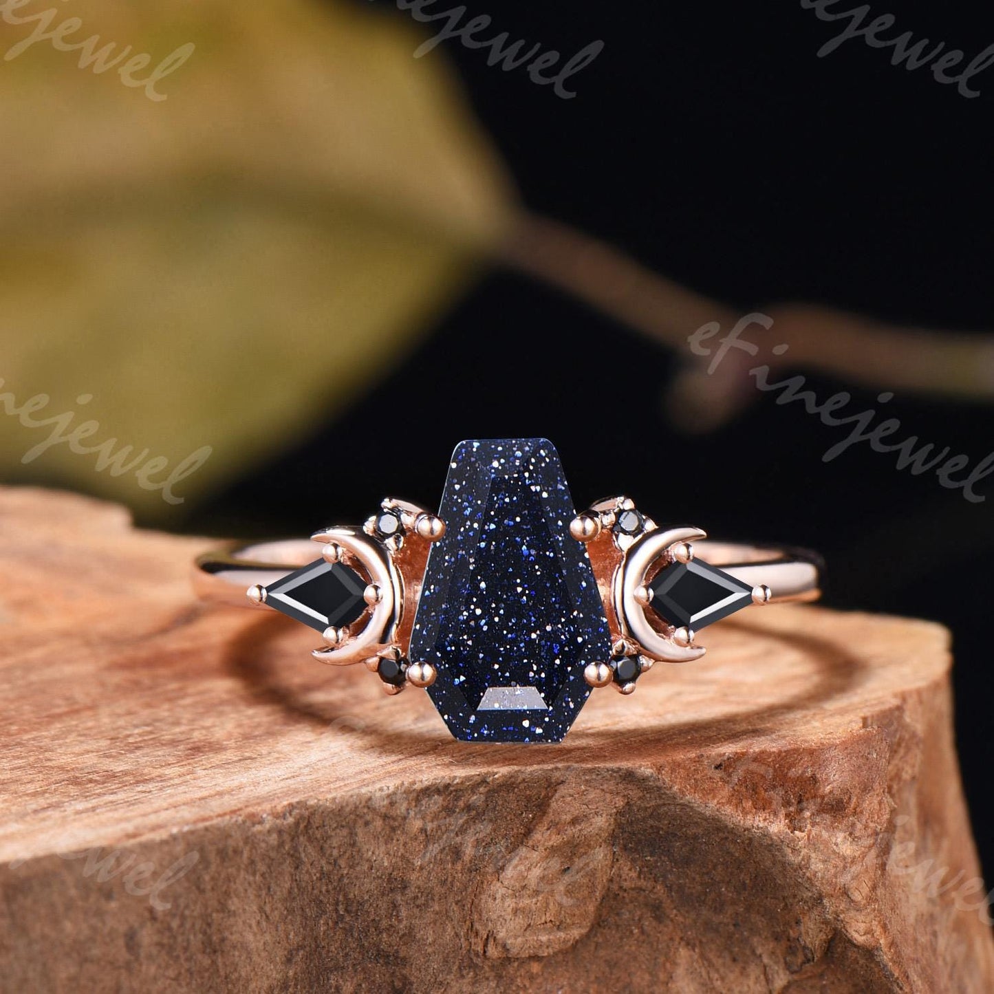 Coffin Blue Sandstone Ring, Kite Black Spinel, Rose Gold Wedding Band