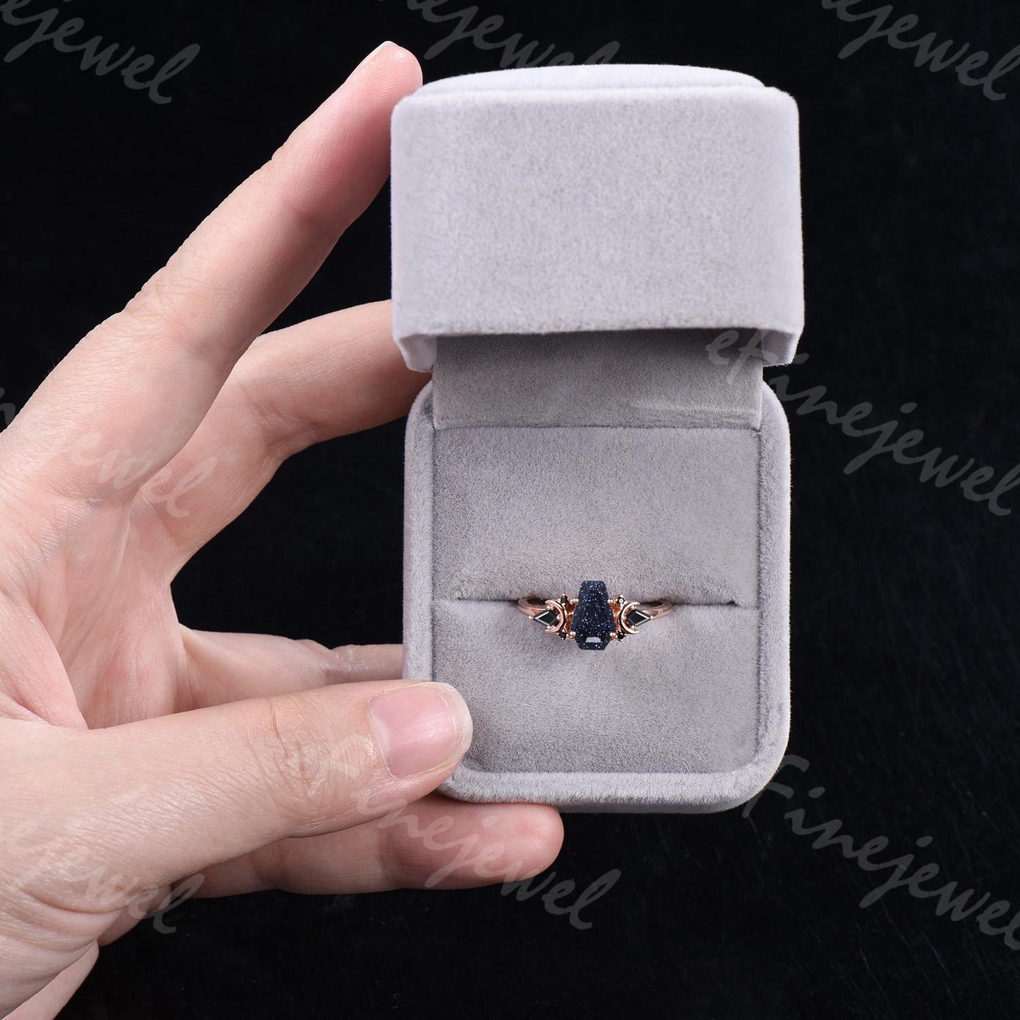 Coffin Blue Sandstone Ring, Kite Black Spinel, Rose Gold Wedding Band