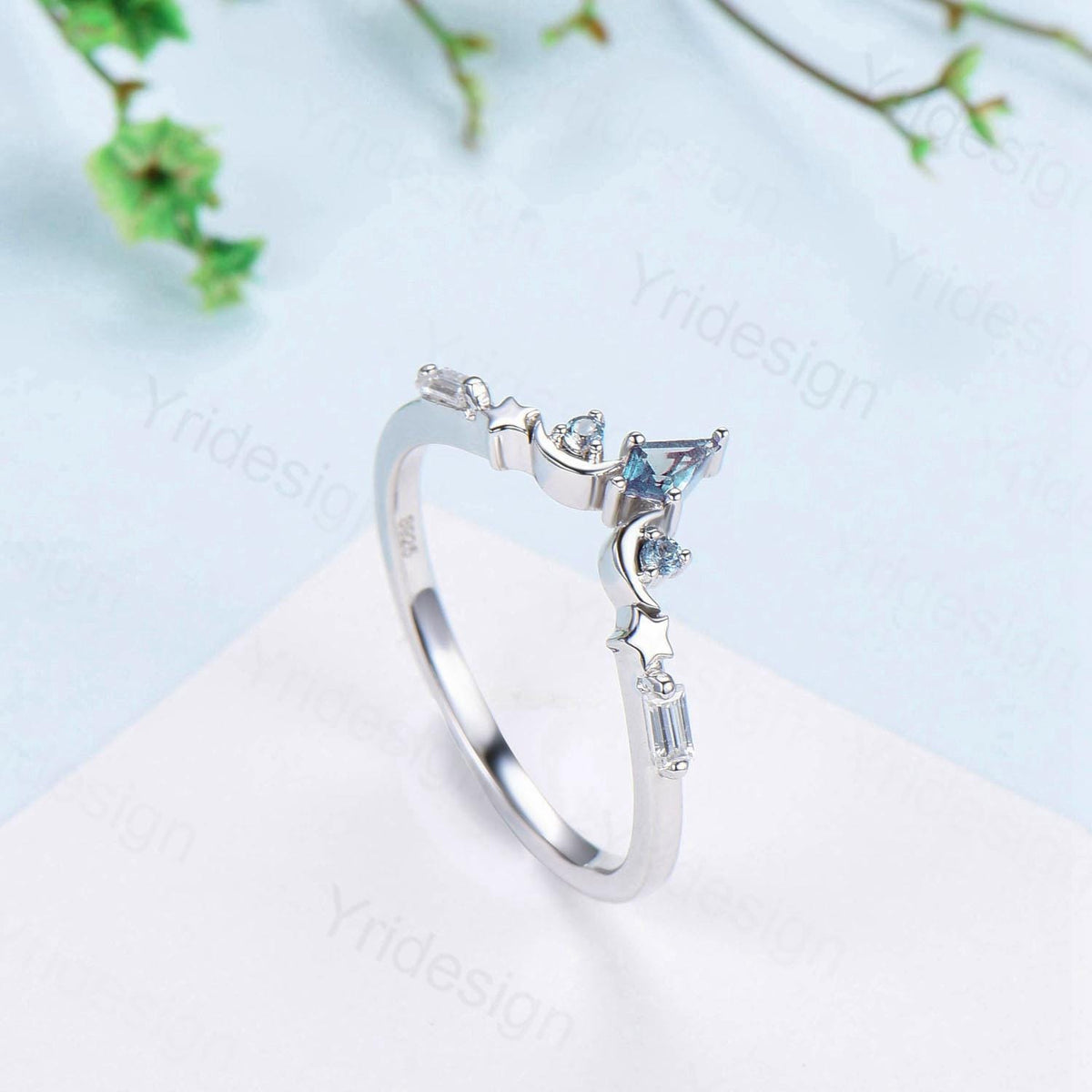 Unique Moon star alexandrite wedding band ring white gold elegant band for women art deco stacking ring baguette moissanite anniversary gift