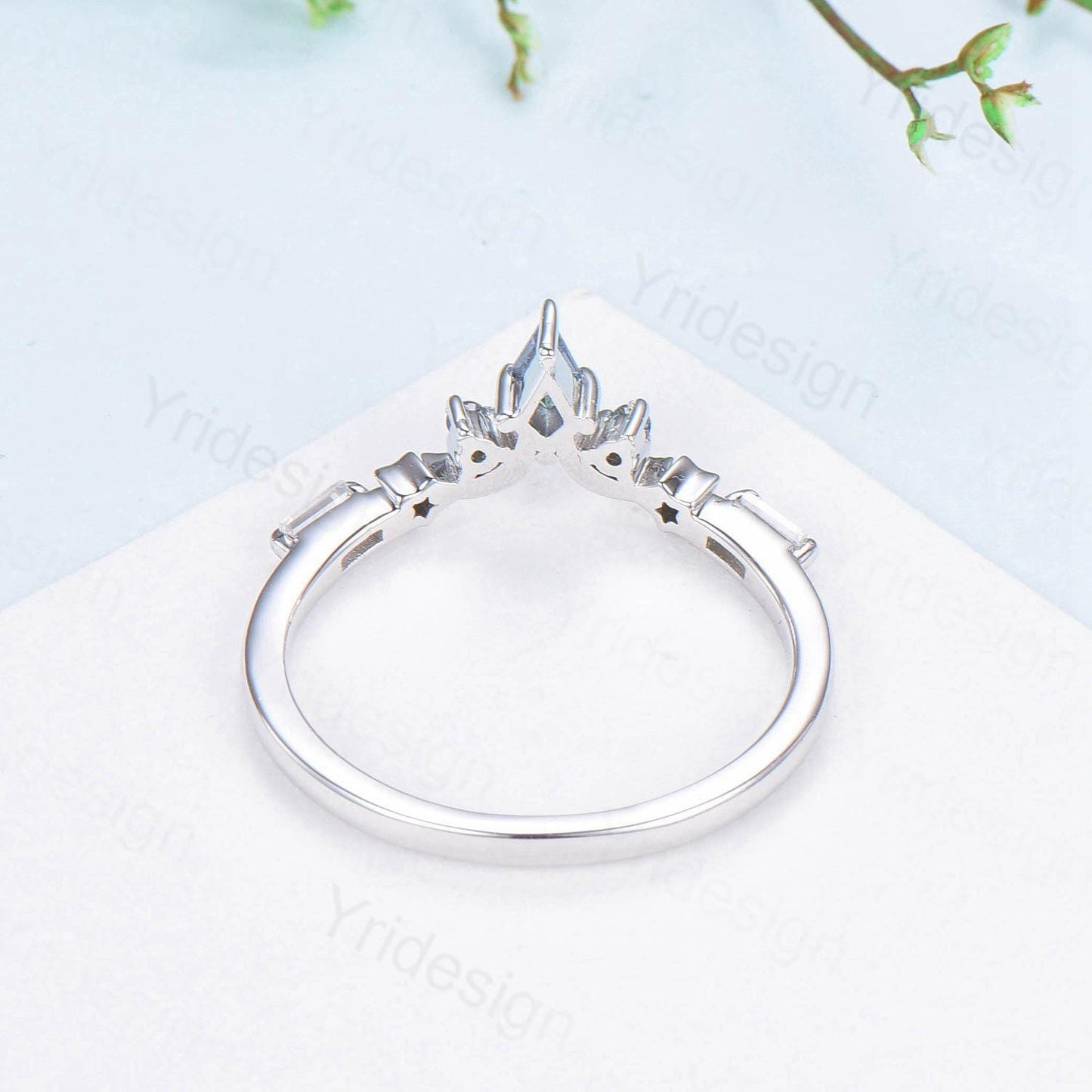 Unique Moon star alexandrite wedding band ring white gold elegant band for women art deco stacking ring baguette moissanite anniversary gift