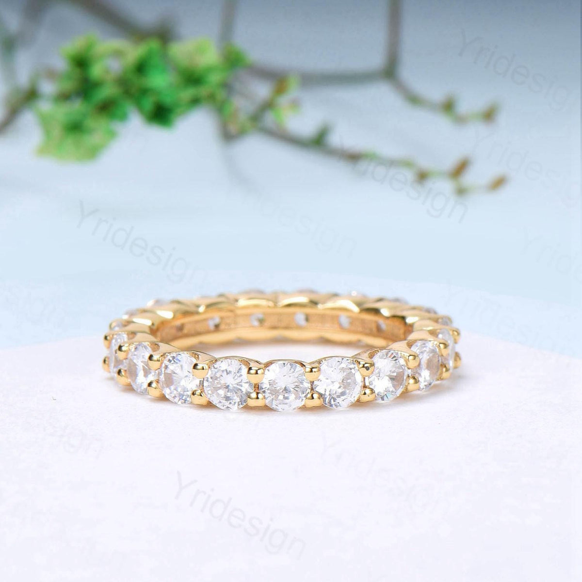 Round Moissanite Band Full Eternity Band Wedding Band 3mm Round Cut Moissanite Wedding Ring 14K Yellow Gold Anniversary Promise Women's Band