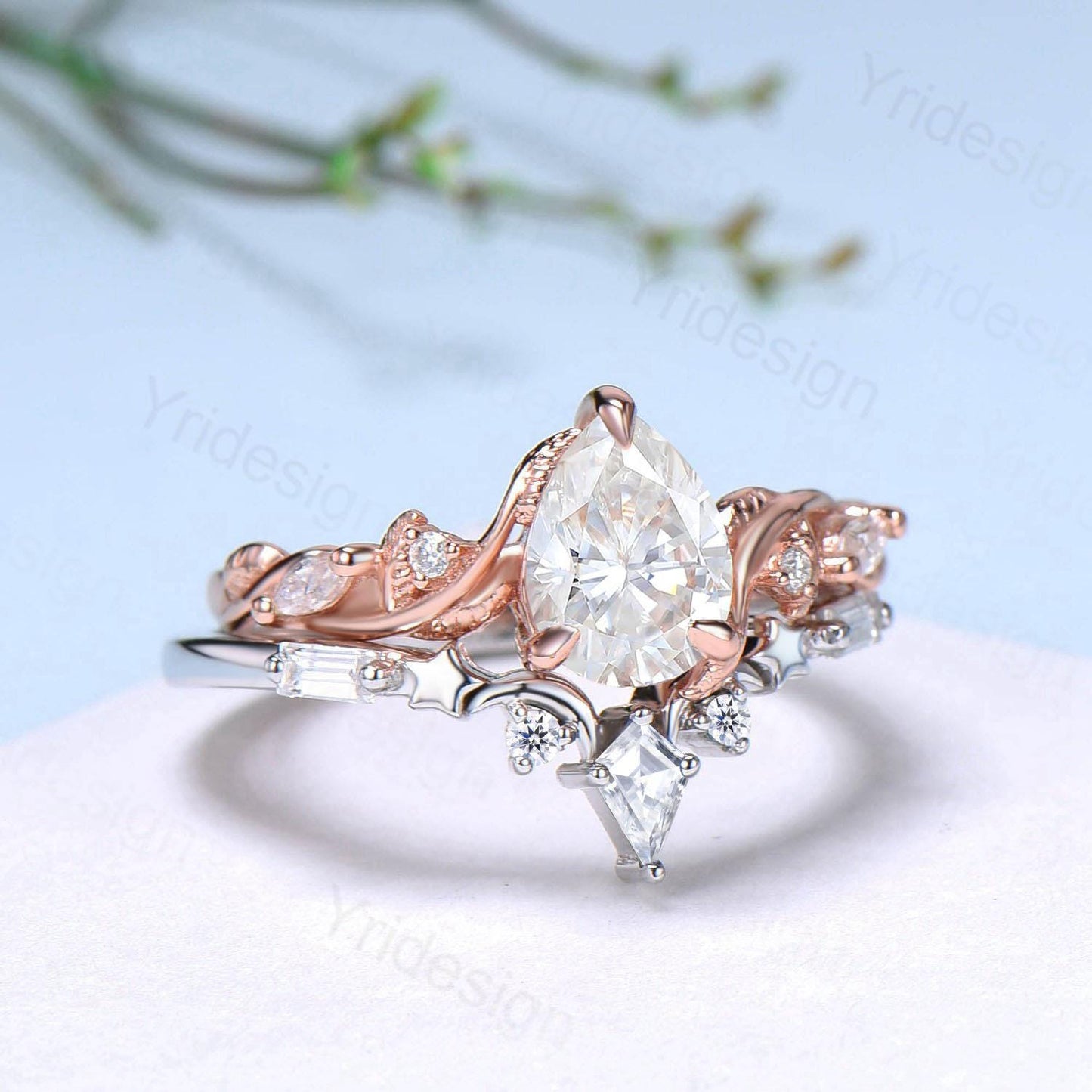 Vintage Pear Shaped Moissanite Engagement Ring Set IGI Certificate Lab Grown Diamond Wedding Ring Set Moon Star Stacking Band Bridal Set
