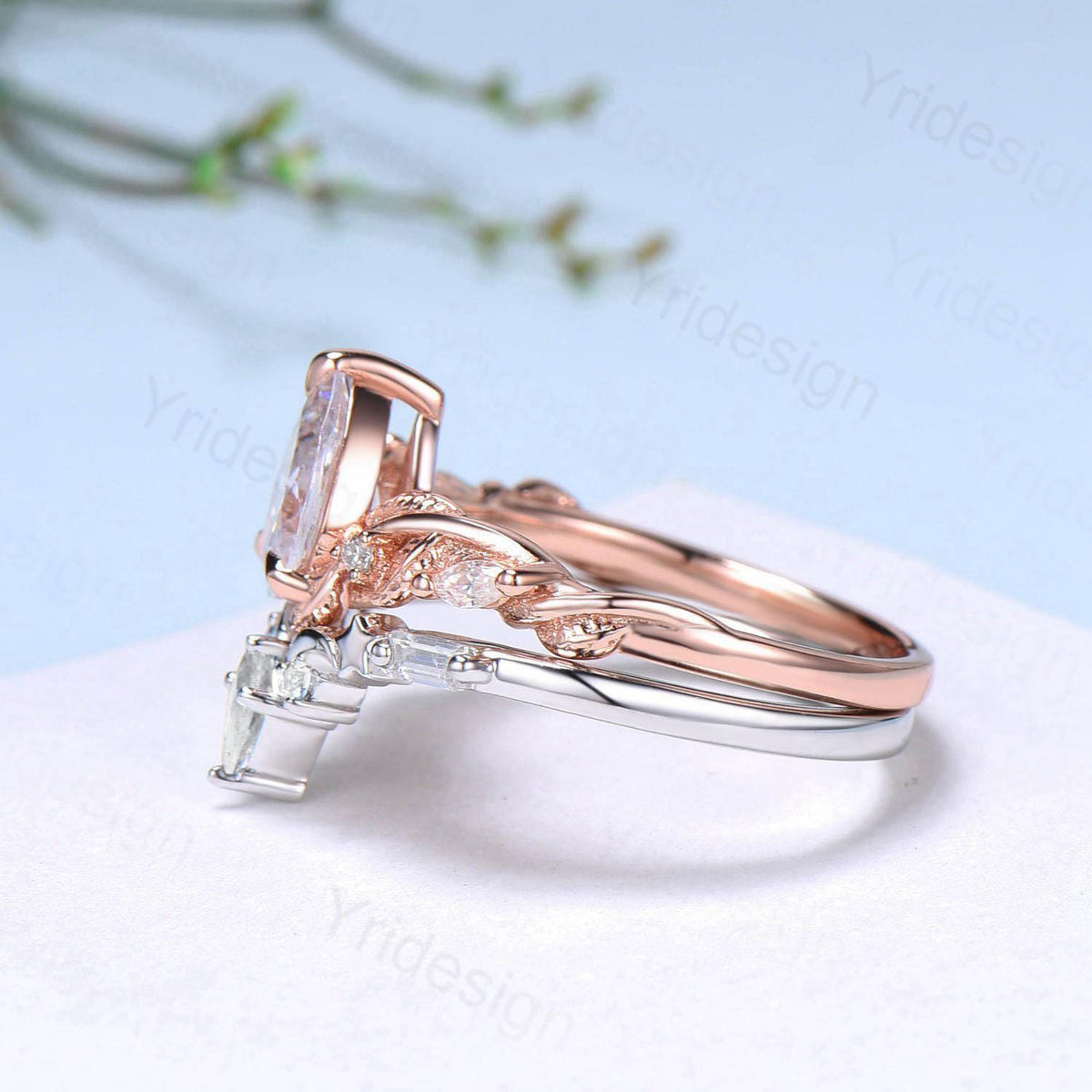 Vintage Pear Shaped Moissanite Engagement Ring Set IGI Certificate Lab Grown Diamond Wedding Ring Set Moon Star Stacking Band Bridal Set