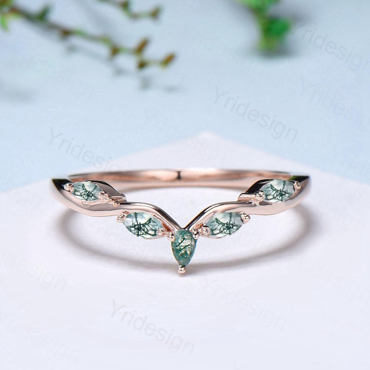 Pear Shaped And Marquise Moss Agate Wedding Band 14K Rose Gold Snowdrift Green Agate Stacking Wedding Ring Matching band Anniversary gift