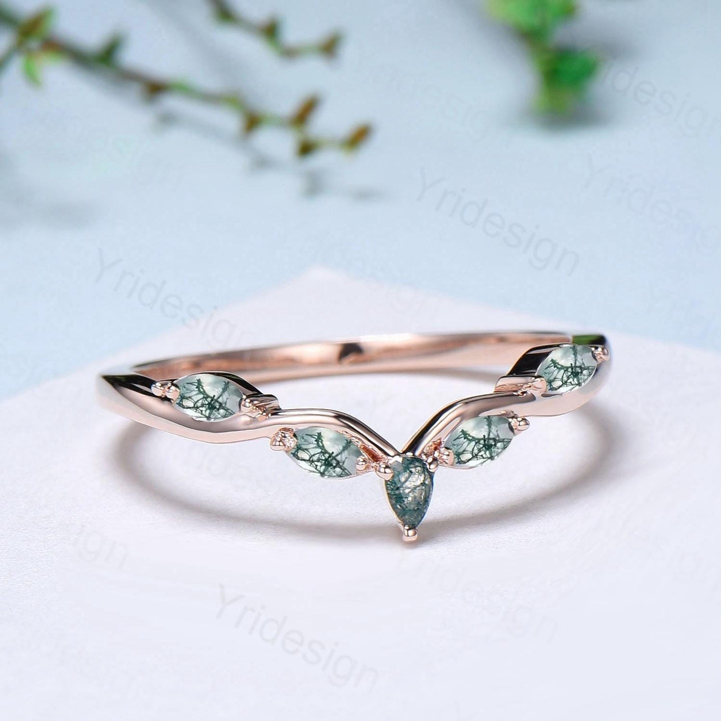 Pear Shaped And Marquise Moss Agate Wedding Band 14K Rose Gold Snowdrift Green Agate Stacking Wedding Ring Matching band Anniversary gift