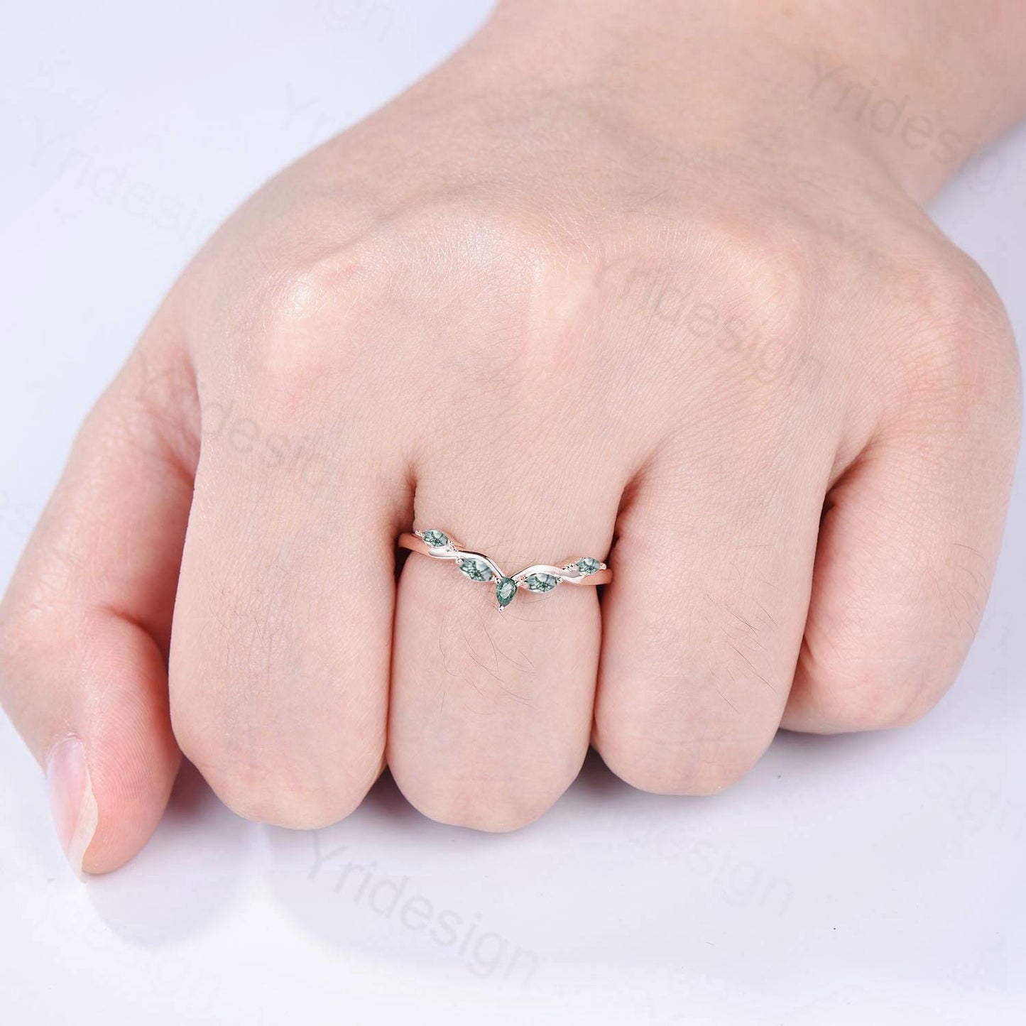 Pear Shaped And Marquise Moss Agate Wedding Band 14K Rose Gold Snowdrift Green Agate Stacking Wedding Ring Matching band Anniversary gift