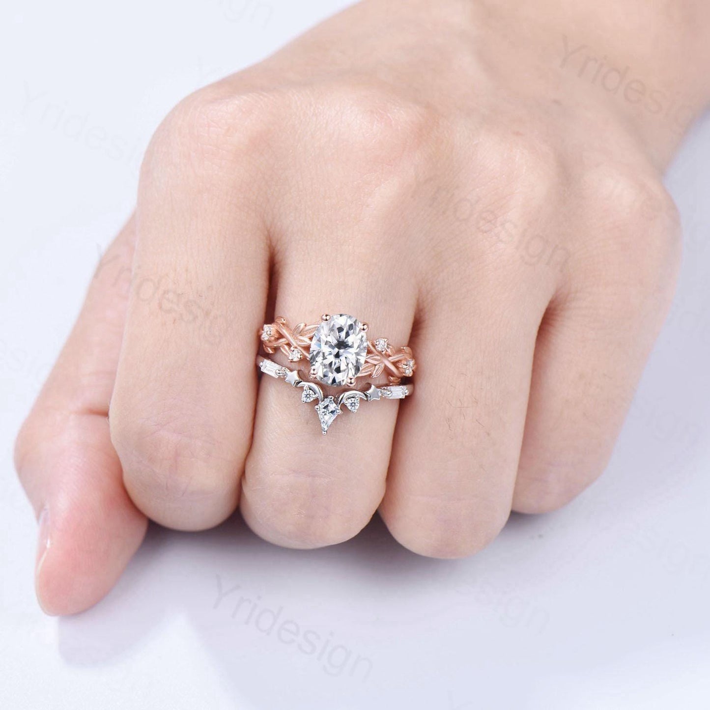 1.5CT Oval Moissanite Engagement Ring Set Nature Inspired Moissanite Wedding Set Unique Moon Star Stacking Matching Band Anniversary Gift