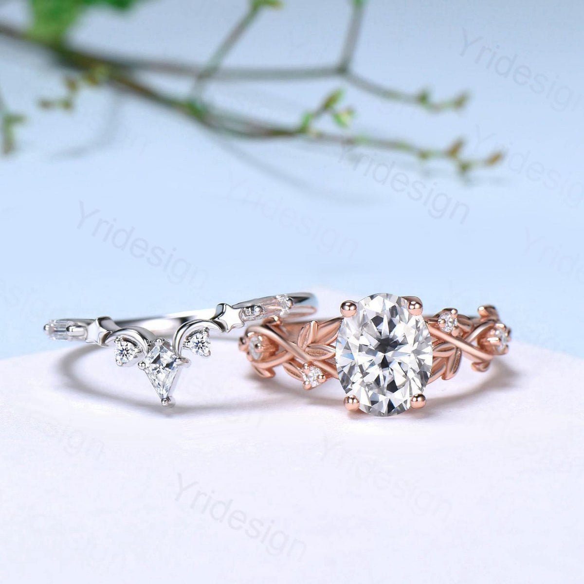 1.5CT Oval Moissanite Engagement Ring Set Nature Inspired Moissanite Wedding Set Unique Moon Star Stacking Matching Band Anniversary Gift