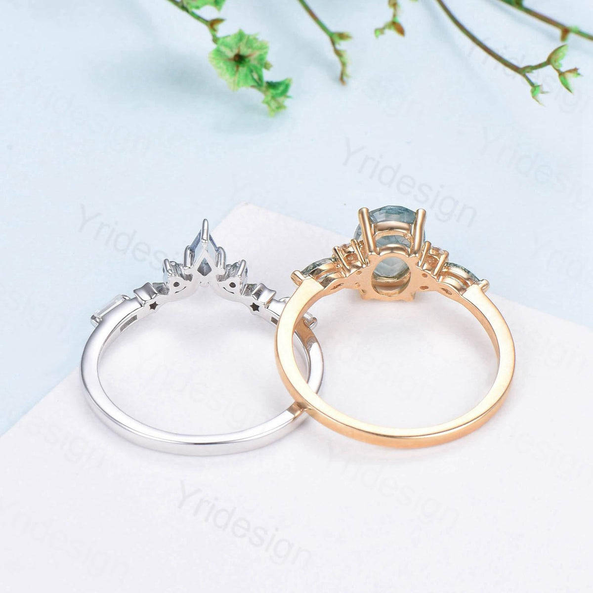 Unique Oval Cut Green Moss Agate Engagement Ring Set Vintage Sterling Silver Star Moon Alexandrite Ring Art Deco 2pcs Bridal Ring Set Women