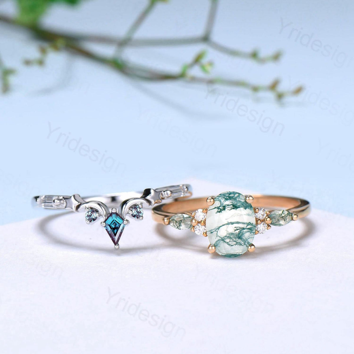 Unique Oval Cut Green Moss Agate Engagement Ring Set Vintage Sterling Silver Star Moon Alexandrite Ring Art Deco 2pcs Bridal Ring Set Women