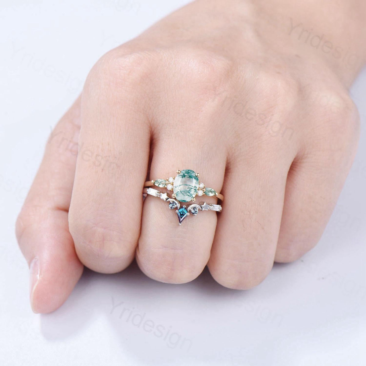 Unique Oval Cut Green Moss Agate Engagement Ring Set Vintage Sterling Silver Star Moon Alexandrite Ring Art Deco 2pcs Bridal Ring Set Women