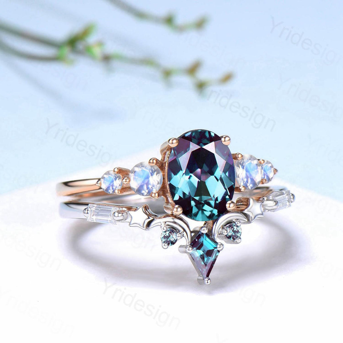Unique Oval Alexandrite Engagement Ring Set Five Stone Moonstone Wedding Ring Set Moon Star Promise Stacking Band Bridal Set June Birthstone