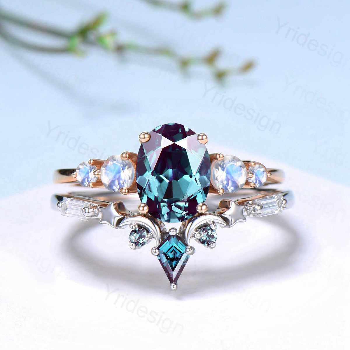 Unique Oval Alexandrite Engagement Ring Set Five Stone Moonstone Wedding Ring Set Moon Star Promise Stacking Band Bridal Set June Birthstone