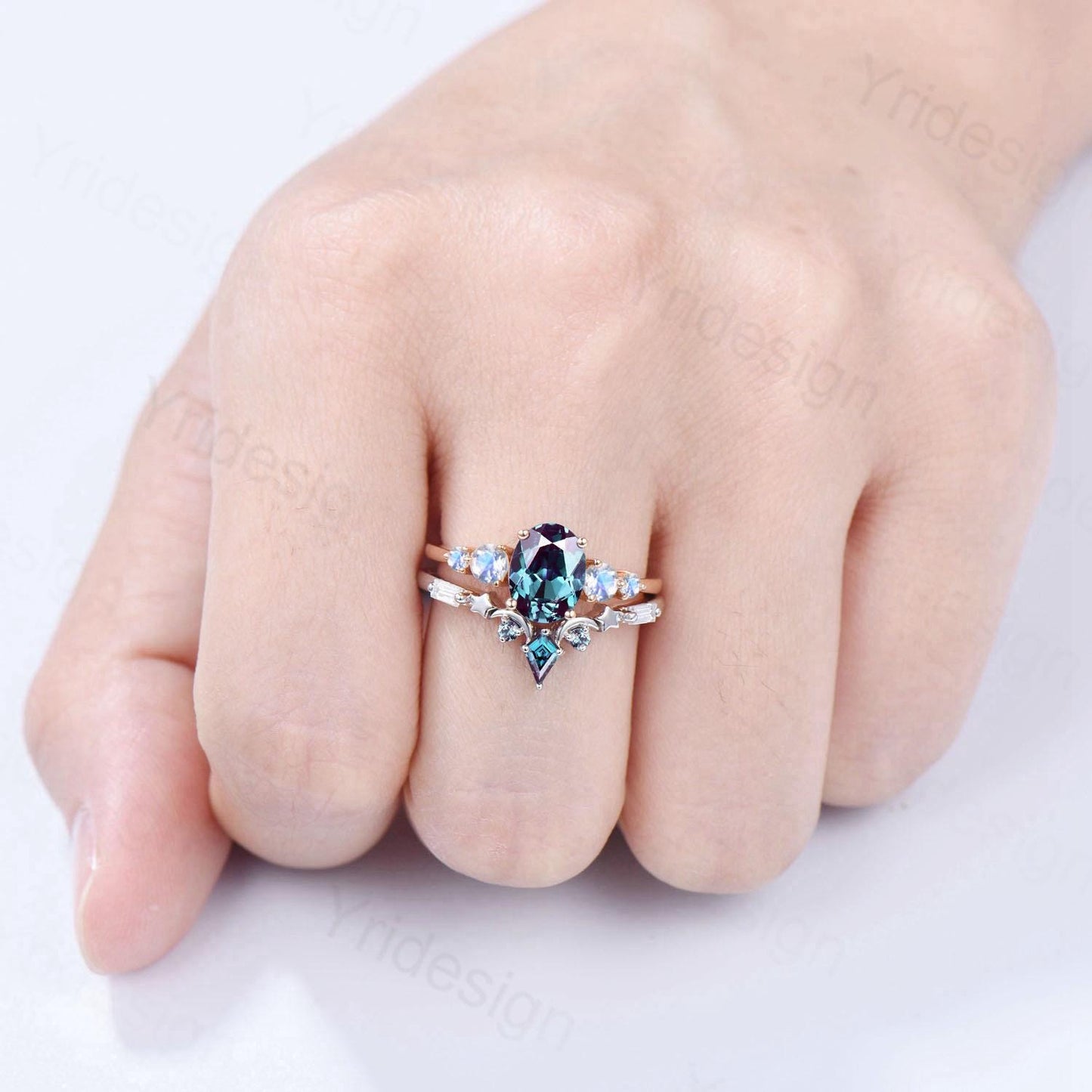 Unique Oval Alexandrite Engagement Ring Set Five Stone Moonstone Wedding Ring Set Moon Star Promise Stacking Band Bridal Set June Birthstone