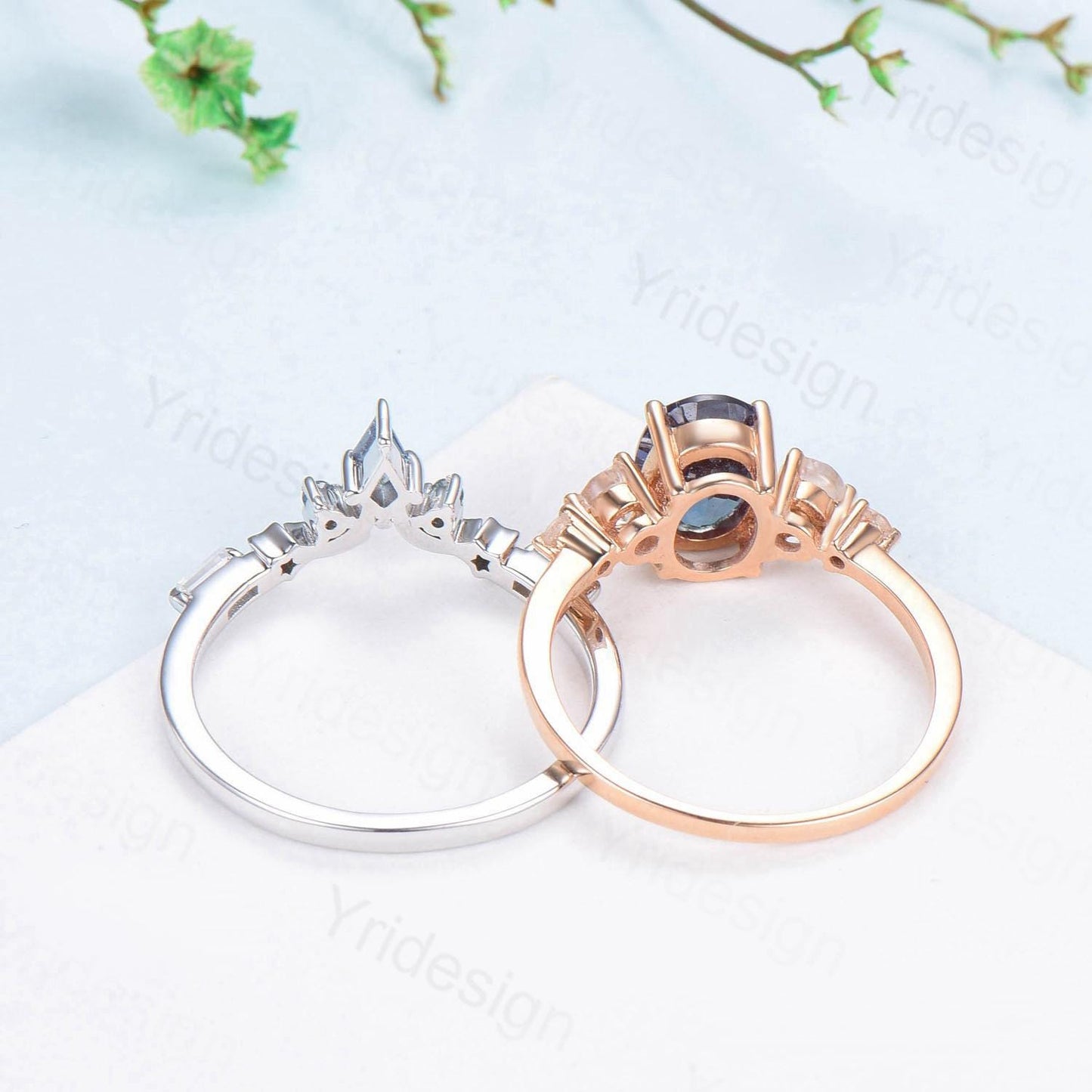Unique Oval Alexandrite Engagement Ring Set Five Stone Moonstone Wedding Ring Set Moon Star Promise Stacking Band Bridal Set June Birthstone