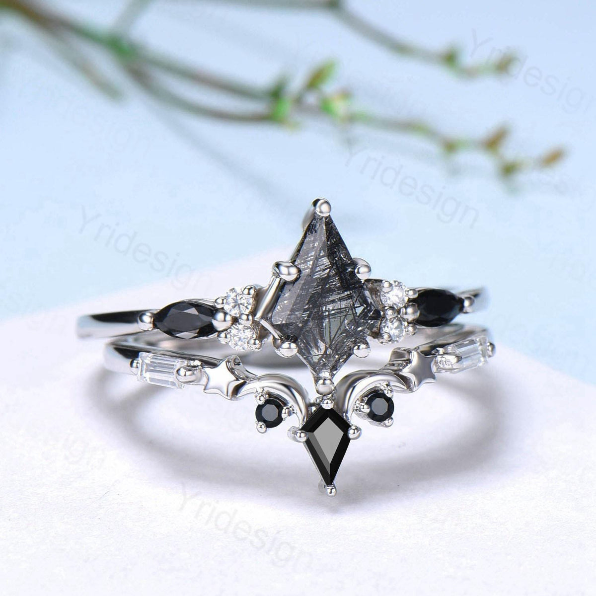 Vintage black rutilated quartz engagement ring kite cut seven stone marquise cut spinel wedding ring moon star anniversary promise ring gift