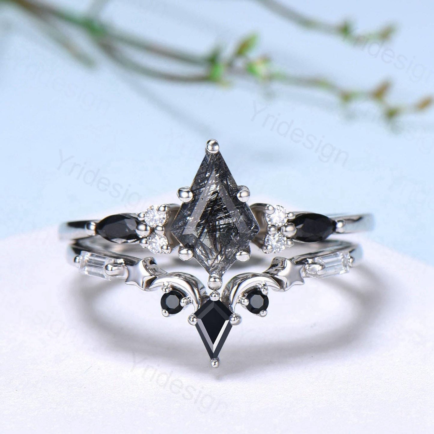 Vintage black rutilated quartz engagement ring kite cut seven stone marquise cut spinel wedding ring moon star anniversary promise ring gift