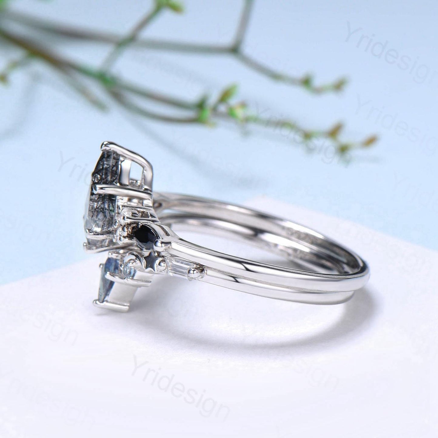 Vintage black rutilated quartz engagement ring kite cut seven stone marquise cut spinel wedding ring moon star anniversary promise ring gift