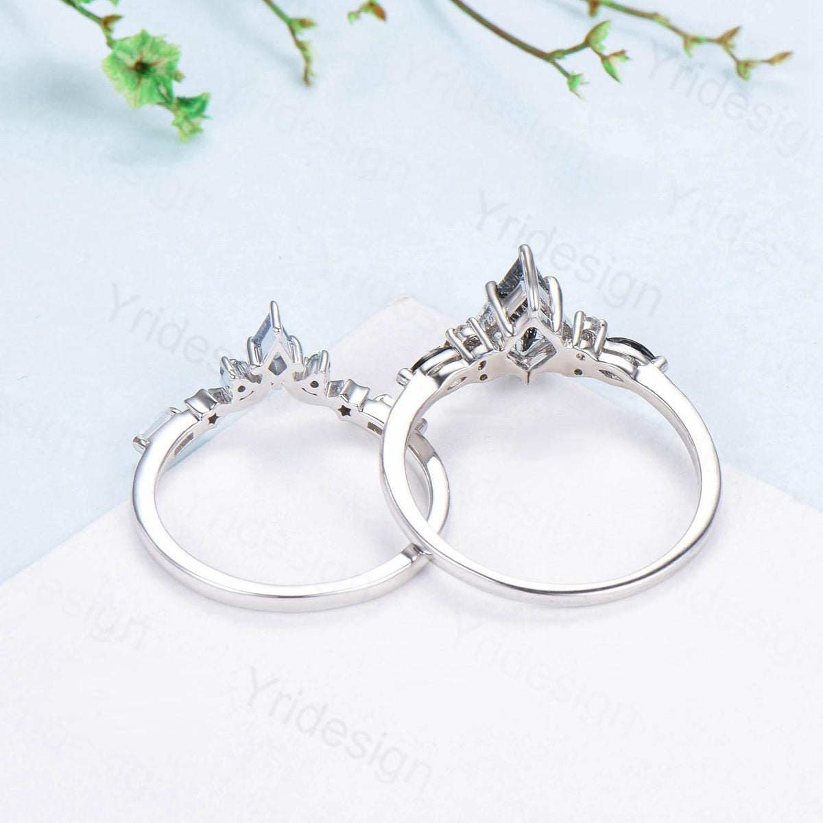 Vintage black rutilated quartz engagement ring kite cut seven stone marquise cut spinel wedding ring moon star anniversary promise ring gift